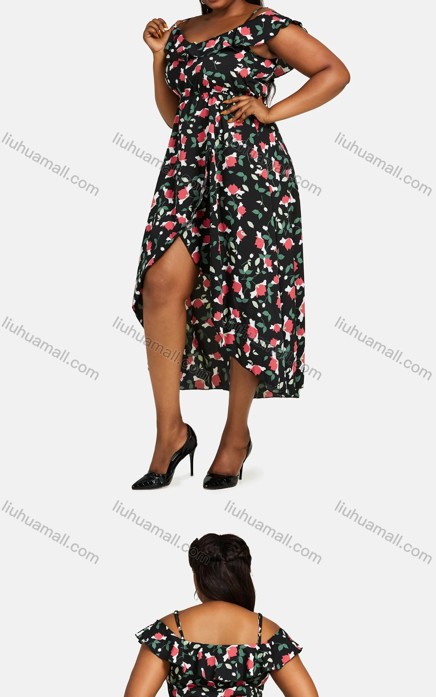 Wholesale Women's Cold Shoulder Cap Sleeve Froral Print Midi Dress A09# - Liuhuamall