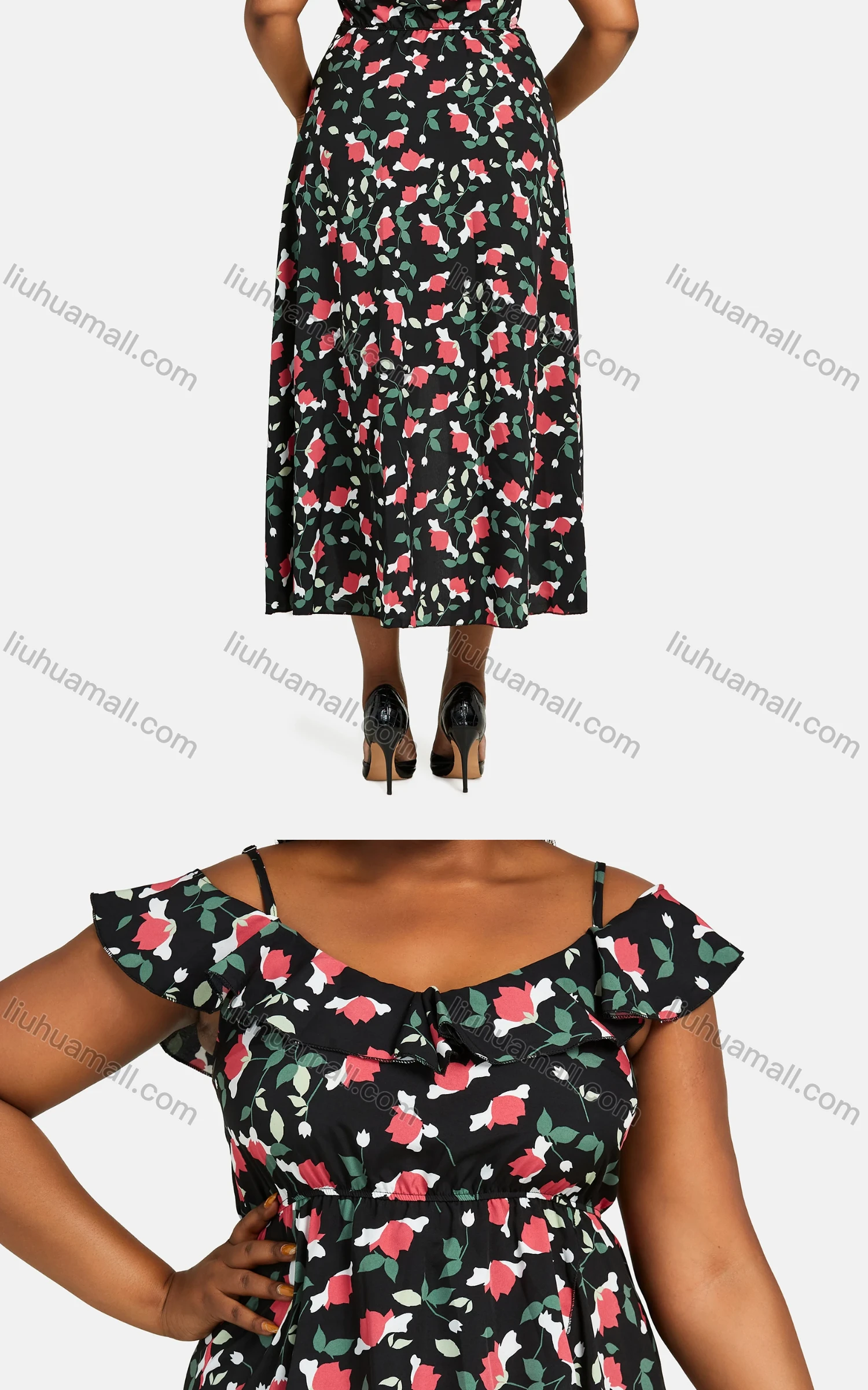 Wholesale Women's Cold Shoulder Cap Sleeve Froral Print Midi Dress A09# - Liuhuamall