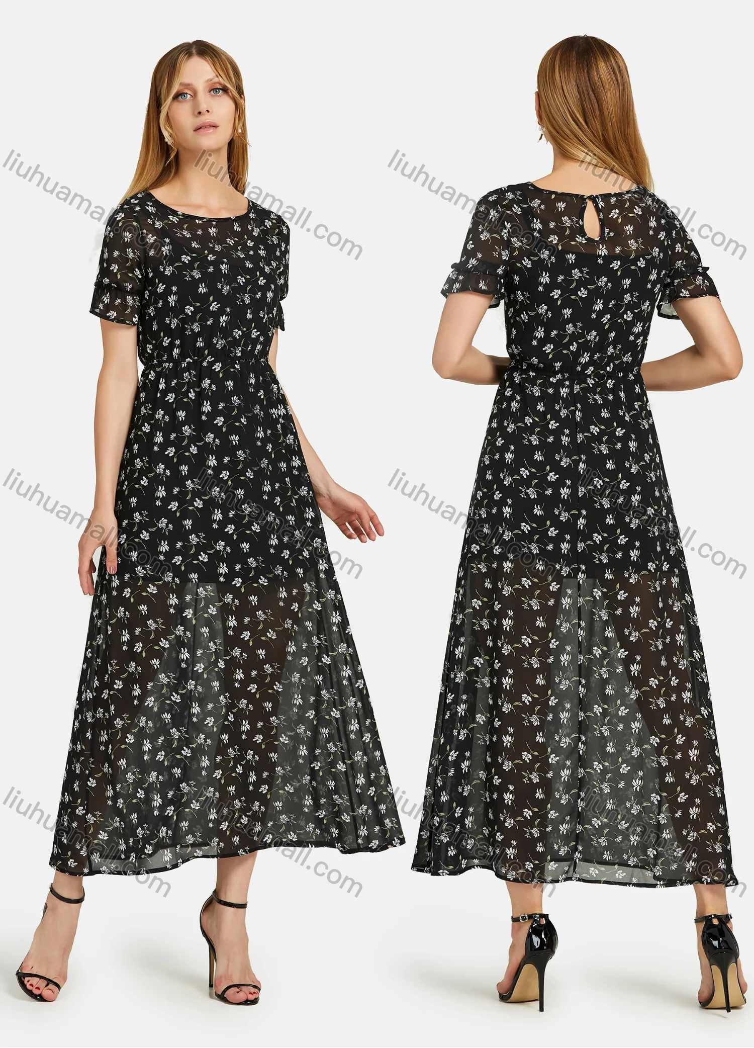Wholesale Women's Casual Round Neck Floral Print Keyhole Back Elastic Waist Short Sleeve Maxi Dress - Liuhuamall