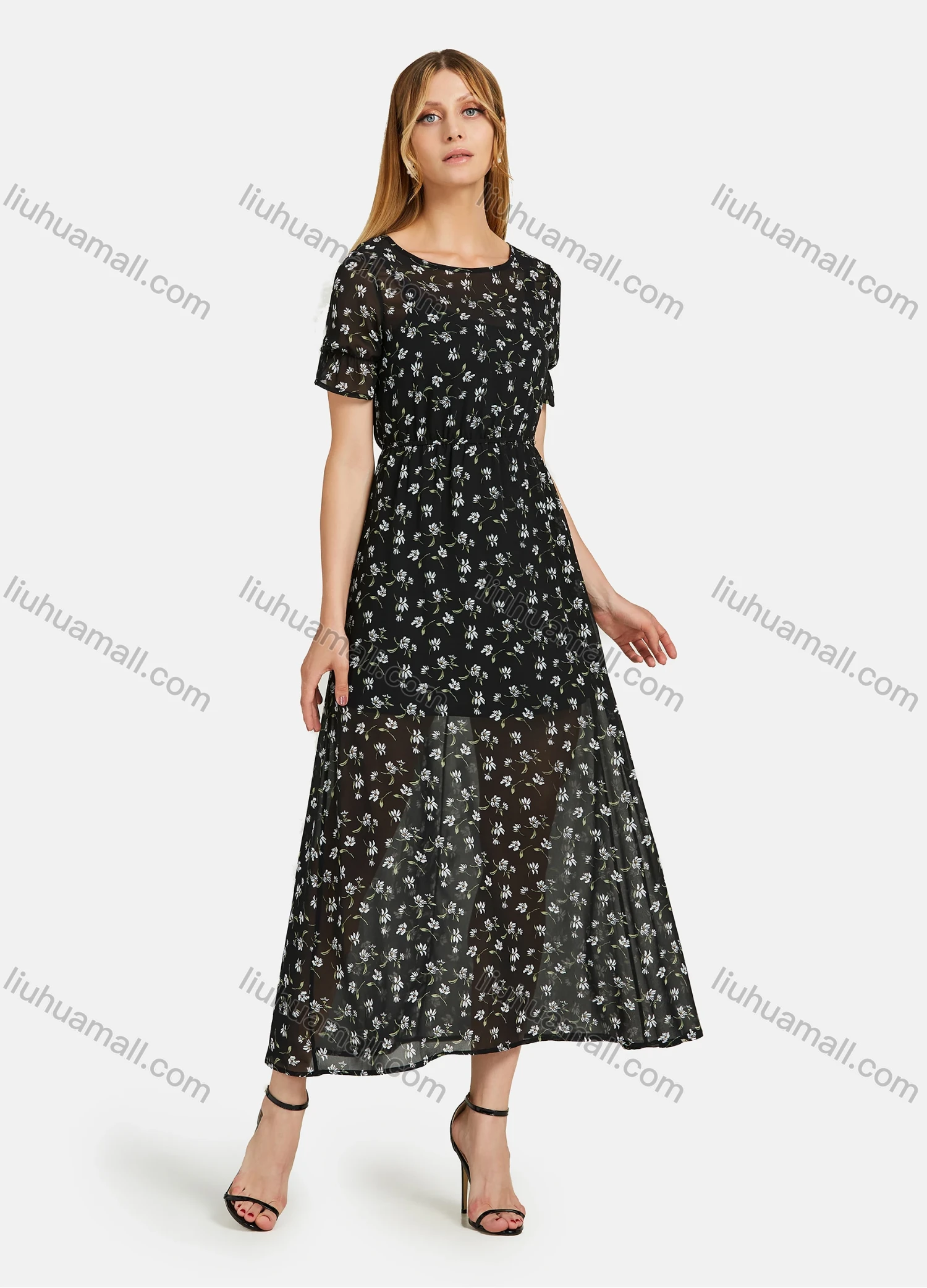 Wholesale Women's Casual Round Neck Floral Print Keyhole Back Elastic Waist Short Sleeve Maxi Dress - Liuhuamall