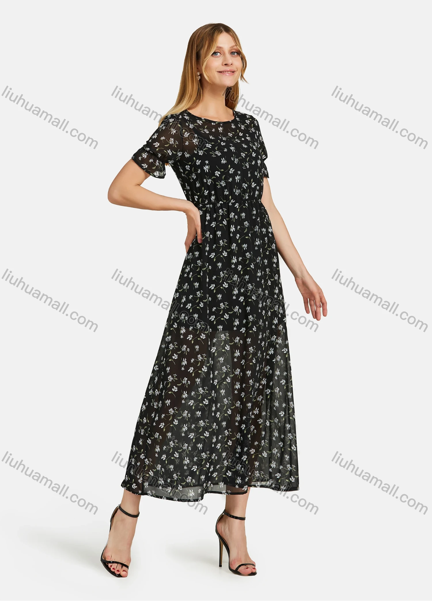 Wholesale Women's Casual Round Neck Floral Print Keyhole Back Elastic Waist Short Sleeve Maxi Dress - Liuhuamall
