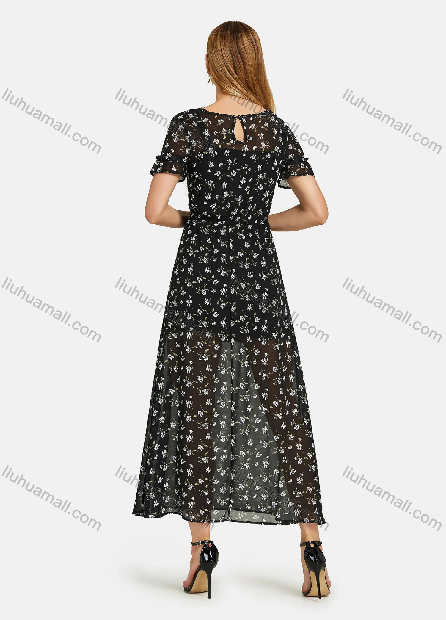 Wholesale Women's Casual Round Neck Floral Print Keyhole Back Elastic Waist Short Sleeve Maxi Dress - Liuhuamall