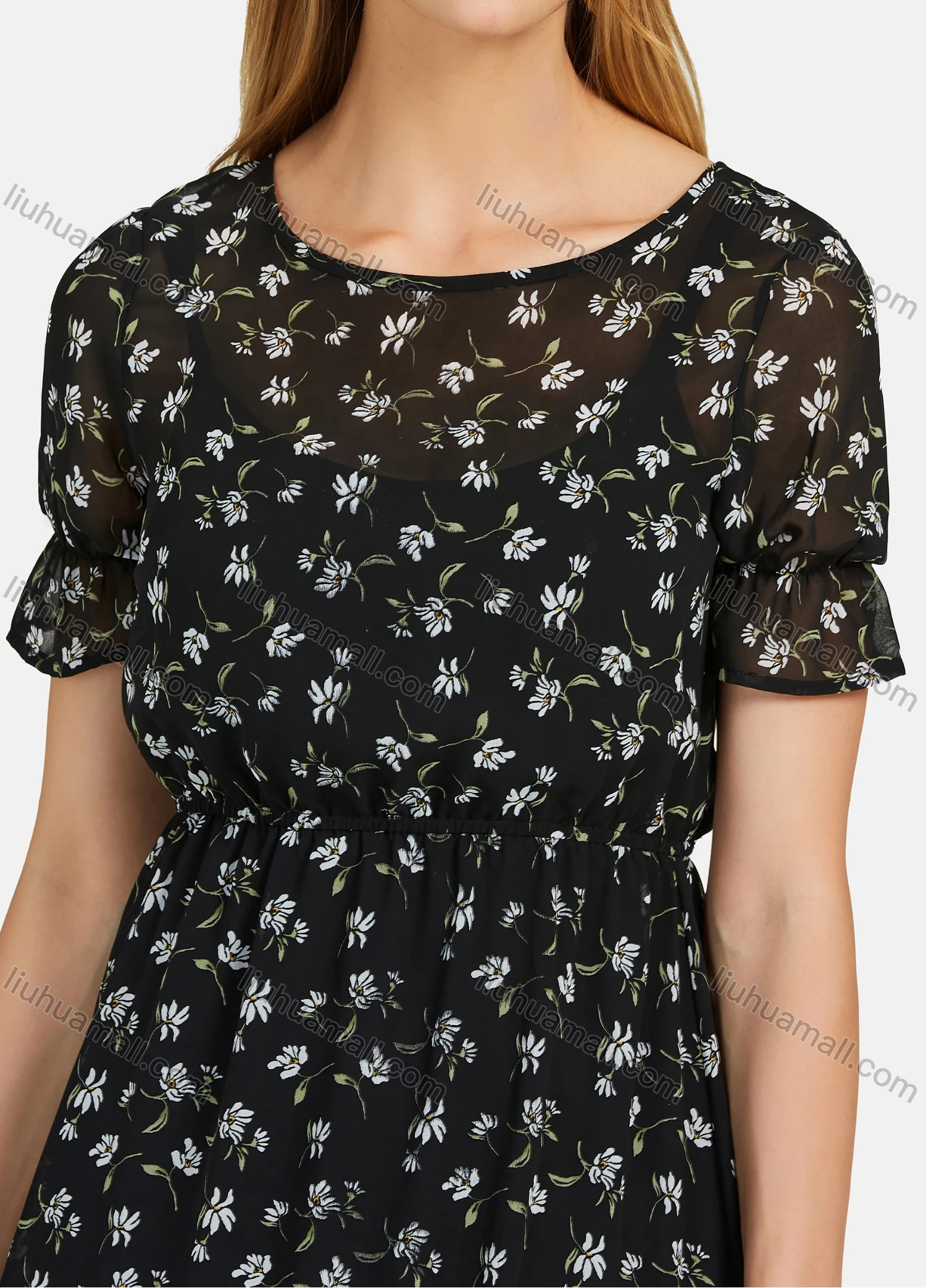 Wholesale Women's Casual Round Neck Floral Print Keyhole Back Elastic Waist Short Sleeve Maxi Dress - Liuhuamall