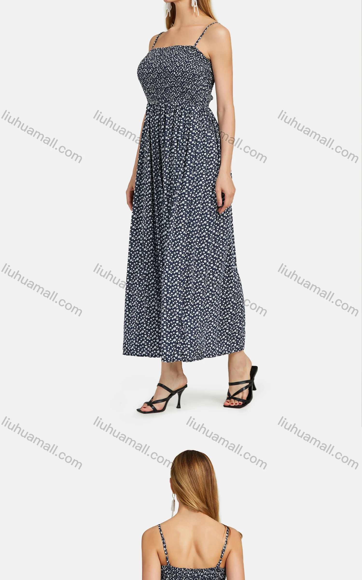 Wholesale Women's Square Neck Spaghetti Strap Floral Print Cami Maxi Dress A03# - Liuhuamall