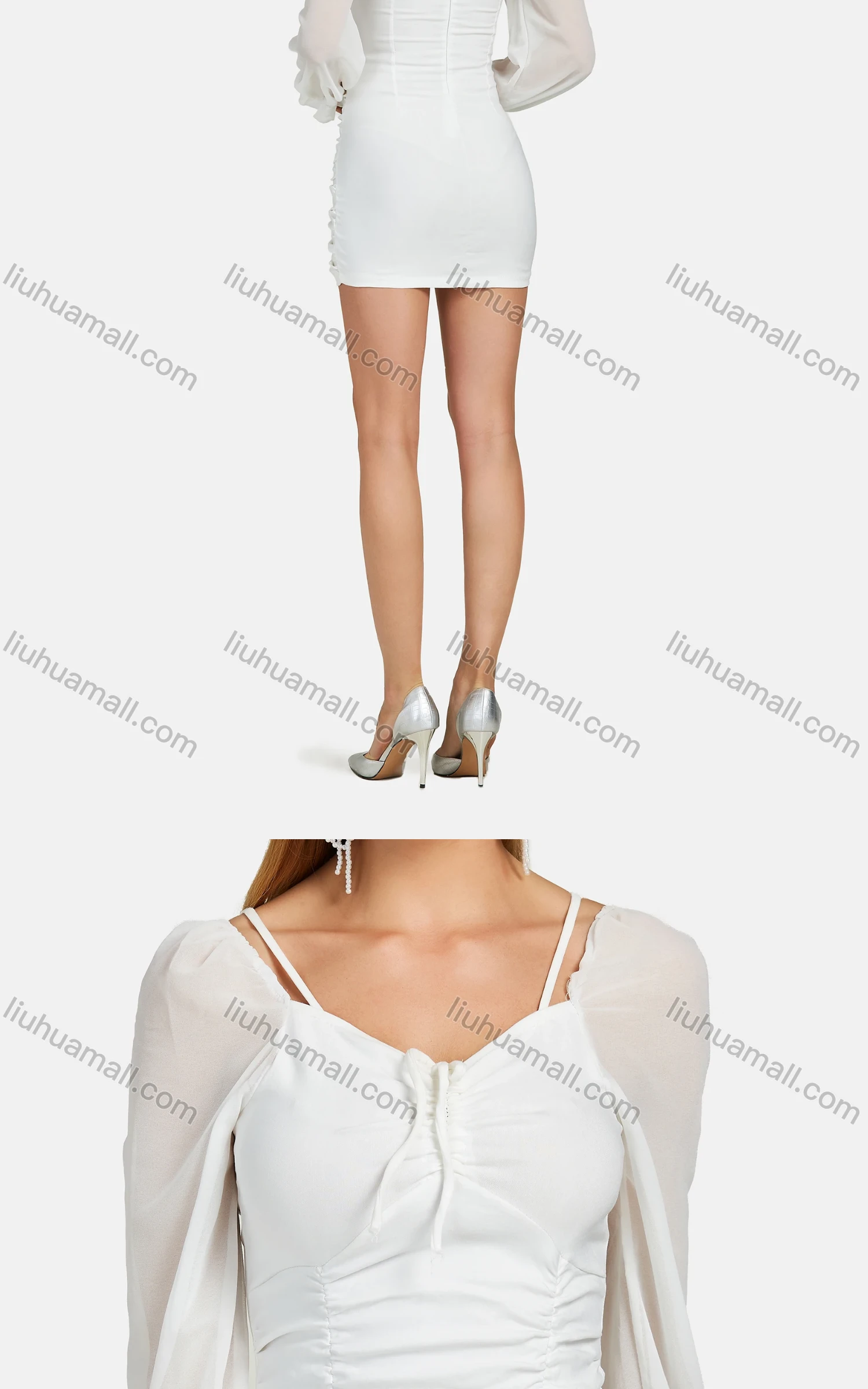 Wholesale Women's Casual Sweetheart Neck Poet Sleeve Lace Up Ruched Short Dress 6532# - Liuhuamall