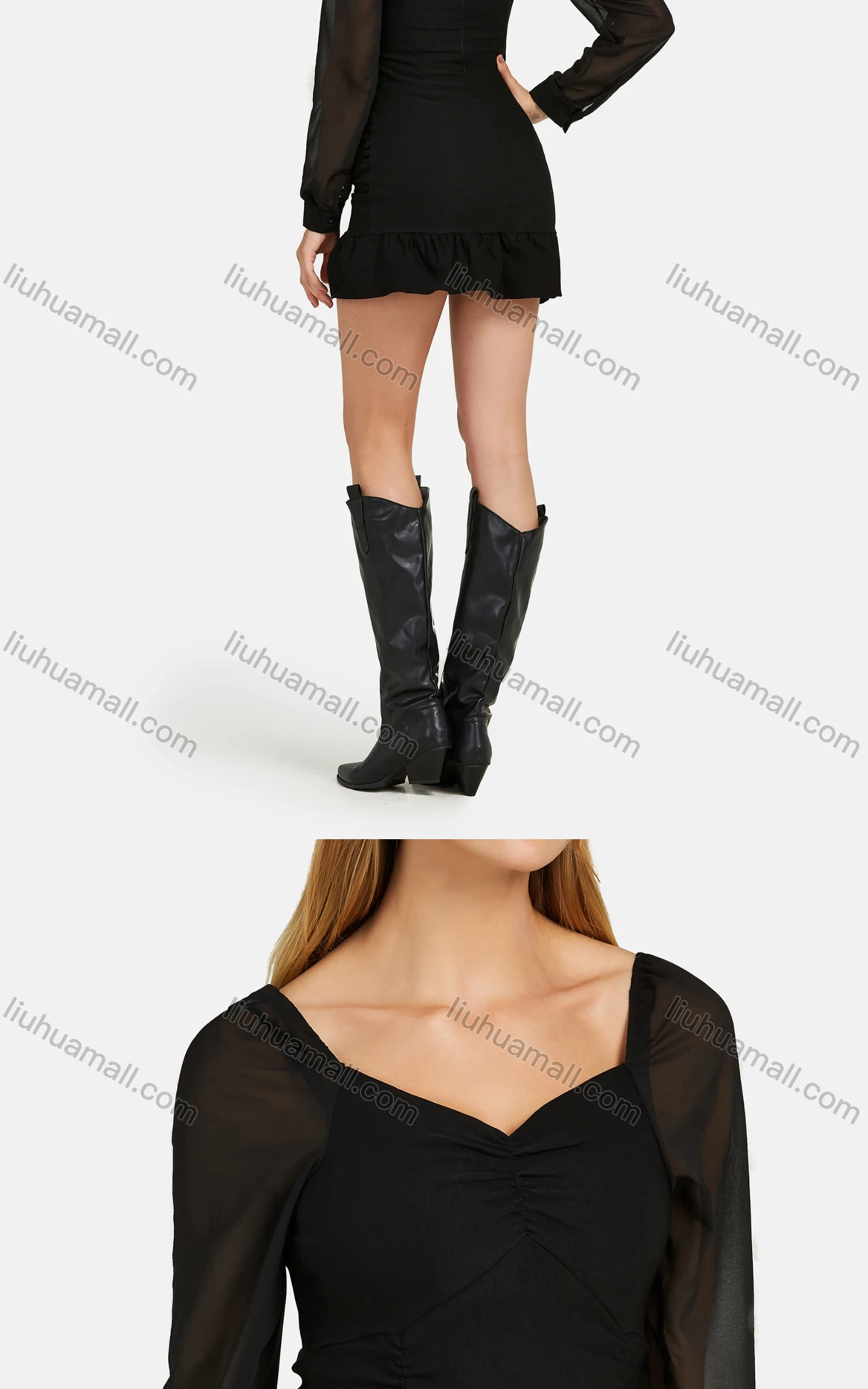 Wholesale Women's Casual Sweetheart See Through Sleeve Ruffle Hem Shirred Short Dress 8764# - Liuhuamall