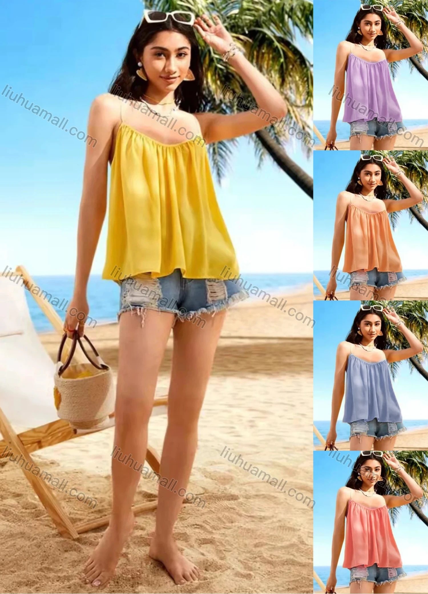 Wholesale Women's Casual V Neck Ruffle Hem Plain Cami Top AY177# - Liuhuamall