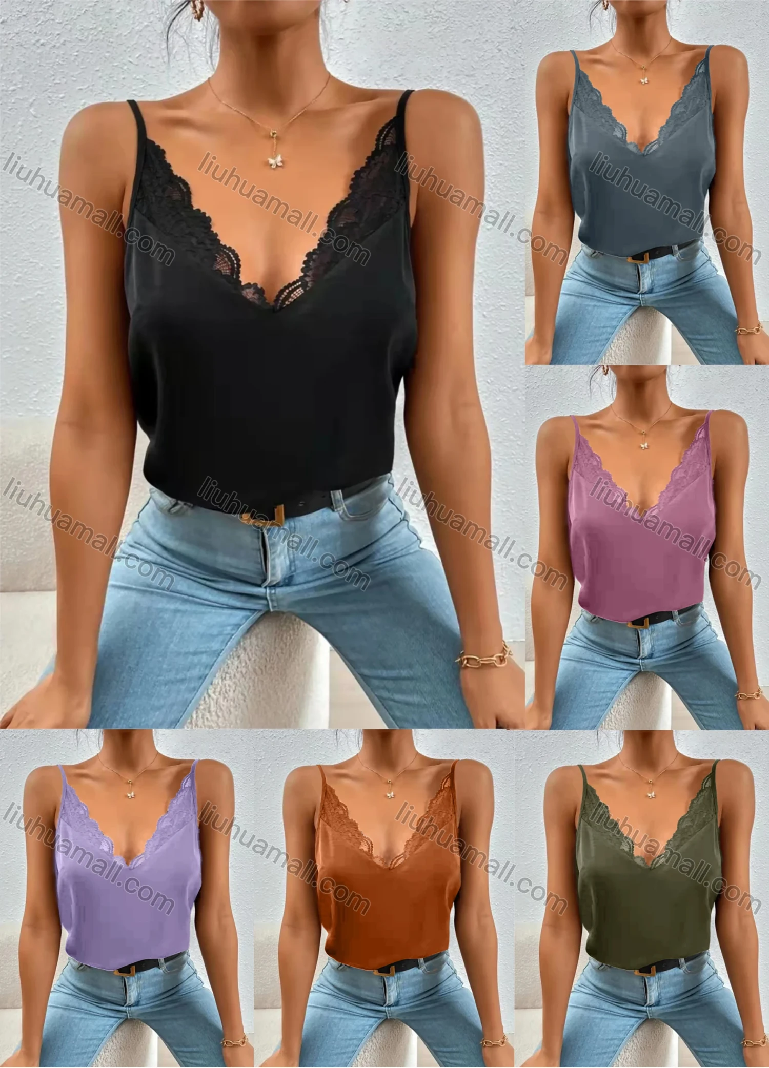 Wholesale Women's Sexy V Neck Guipure Lace Plain Cami Top AY217# - Liuhuamall