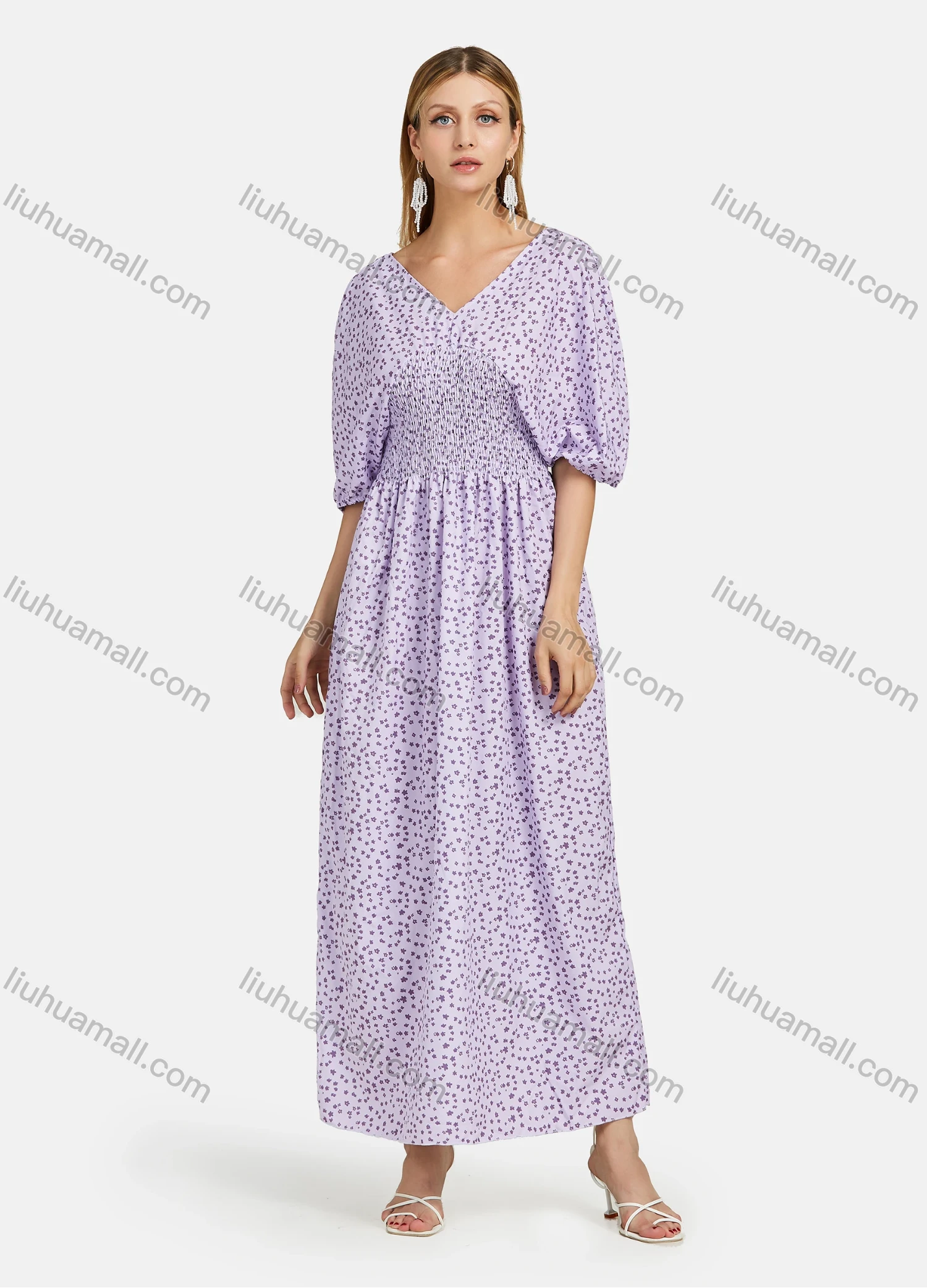 Wholesale Women's Casual V Neck Floral Print Waistband Back Lace Up Maxi Dress 2217-8112# - Liuhuamall