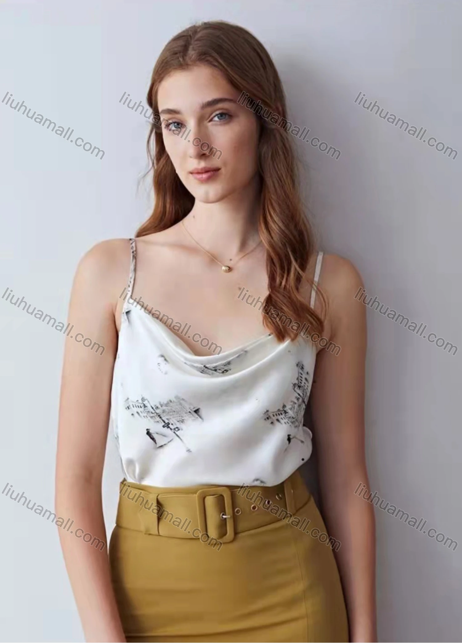 Wholesale Women's Casual Cowl Neck Spaghetti Strap Sketch Print Cami Top AY218# - Liuhuamall