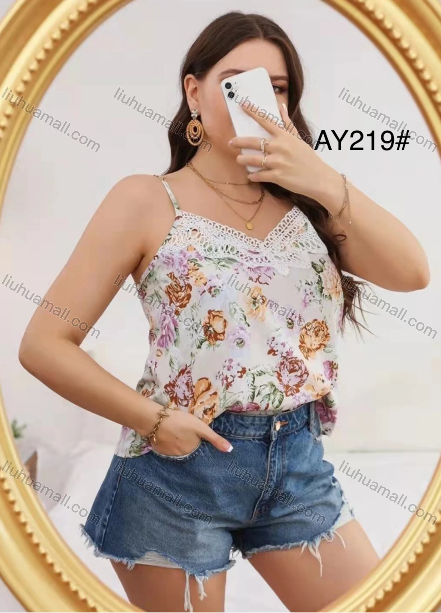 Wholesale Women's Casual V Neck Spaghetti Strap Lace Floral Cami Top AY219# - Liuhuamall