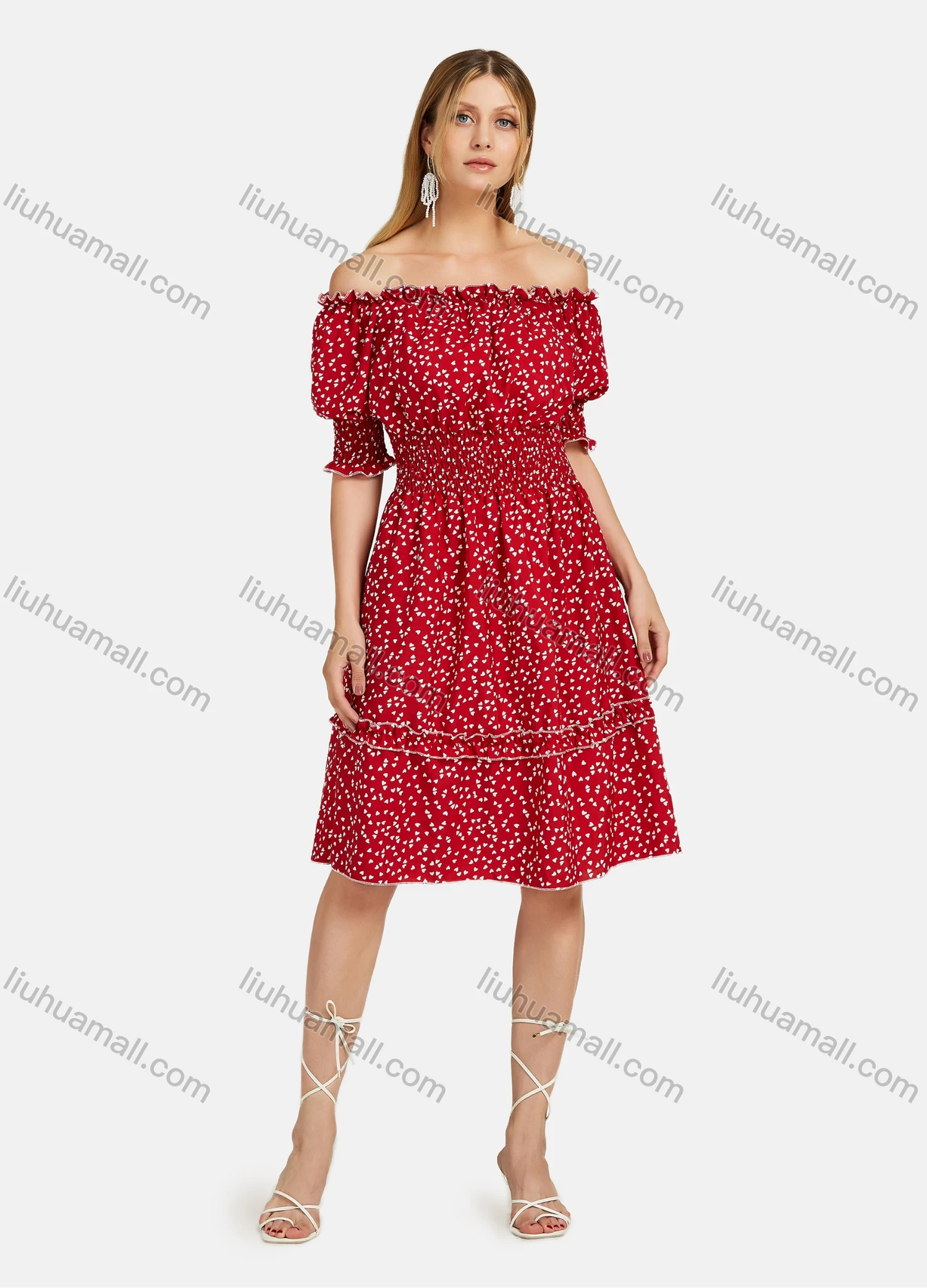 Wholesale Women's Casual Shirred Short Sleeve Allover Print Off Shoulder Knee Length Dress - Liuhuamall