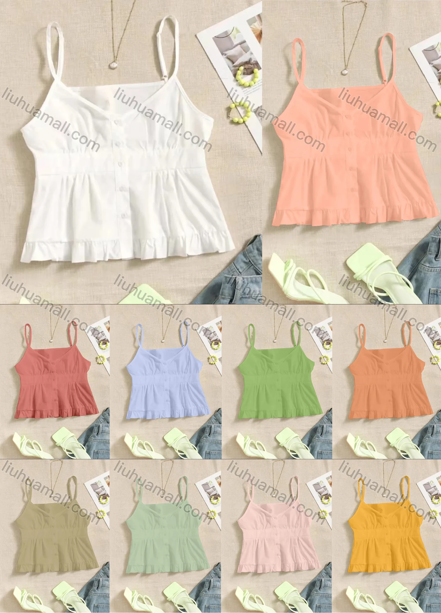Wholesale Women's Casual V Neck Spaghetti Strap Ruffle Hem Cami Top AY220# - Liuhuamall
