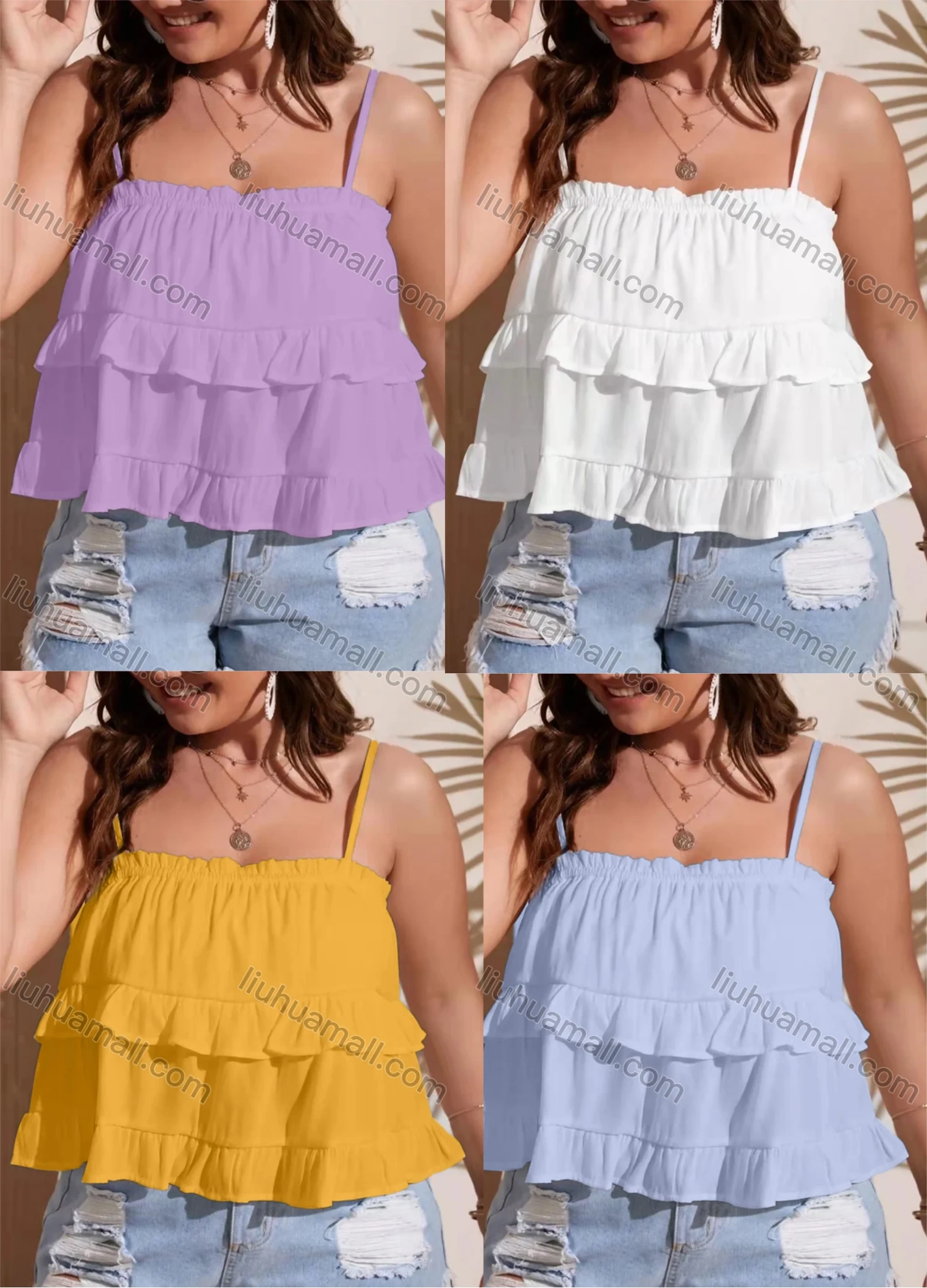 Wholesale Women's Spaghetti Strap Ruffle Trim Plain Cami Top AY221# - Liuhuamall