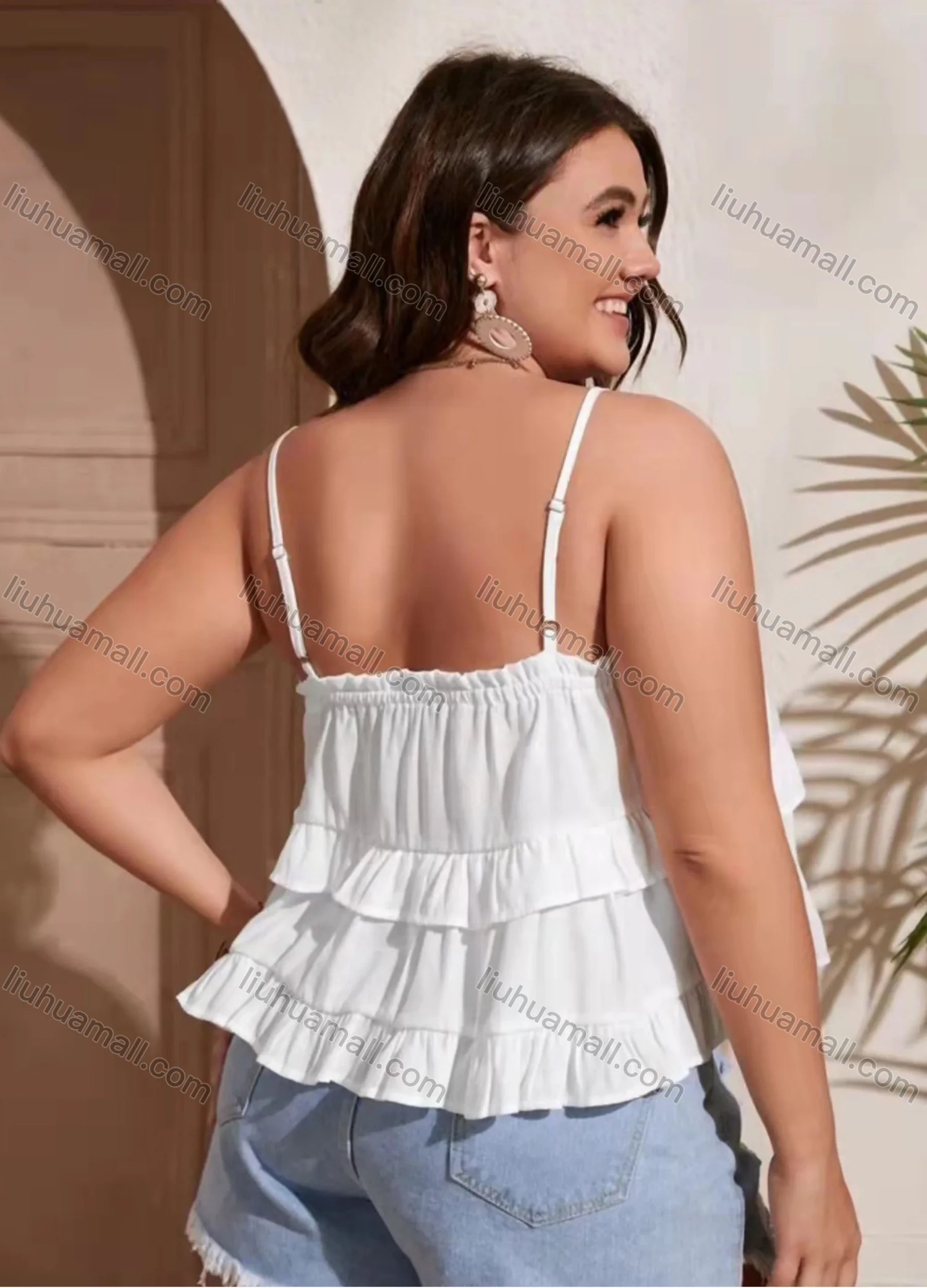 Wholesale Women's Spaghetti Strap Ruffle Trim Plain Cami Top AY221# - Liuhuamall