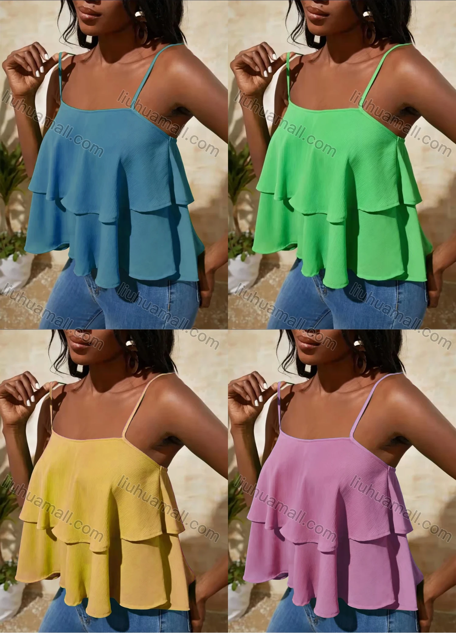 Wholesale Women's Spaghetti Strap Layered Ruffle Hem Cami Top AY223# - Liuhuamall