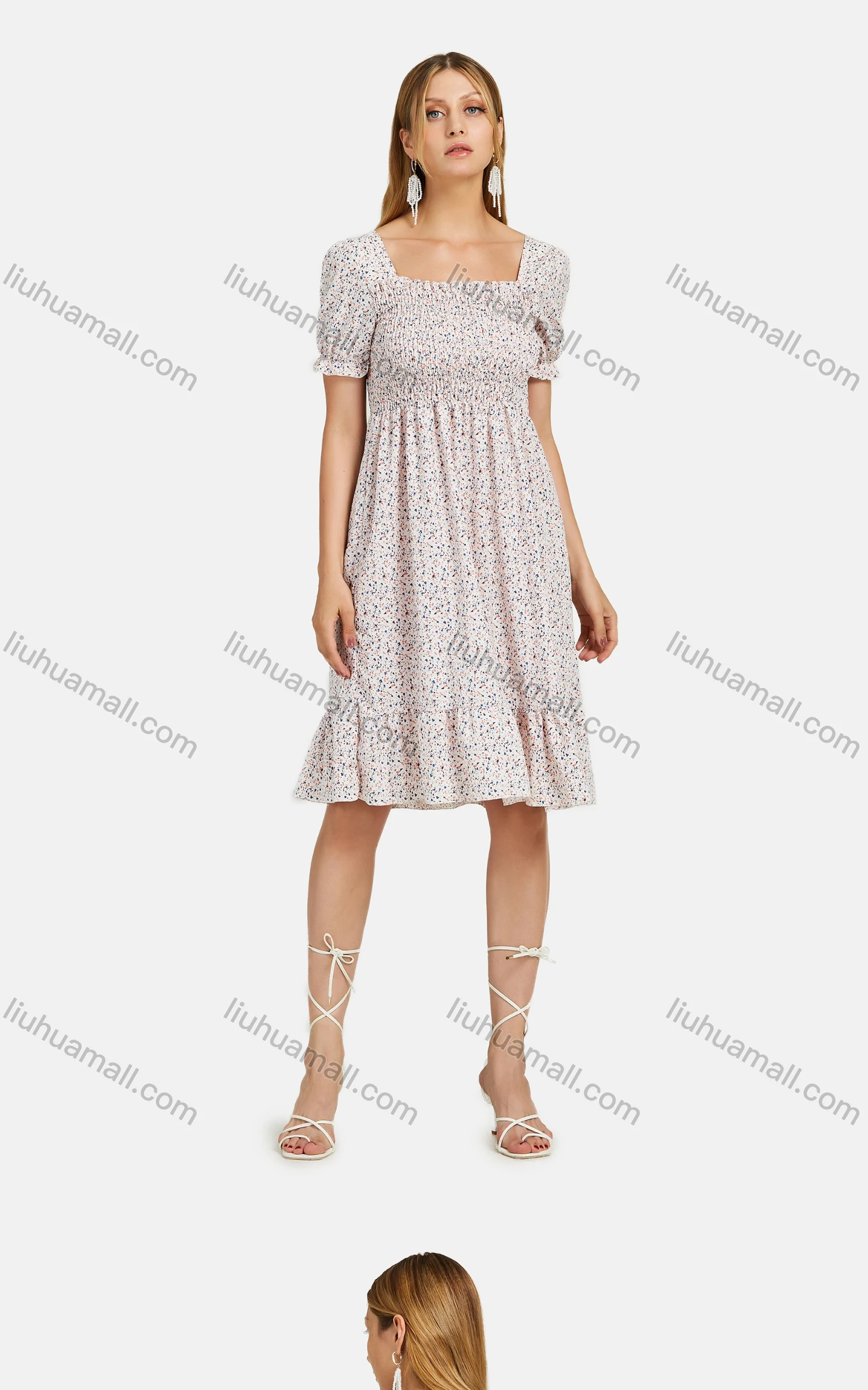 Wholesale Women's Casual Square Neck Shirred Sleeve Floral Print Back Lace Up Dress - Liuhuamall