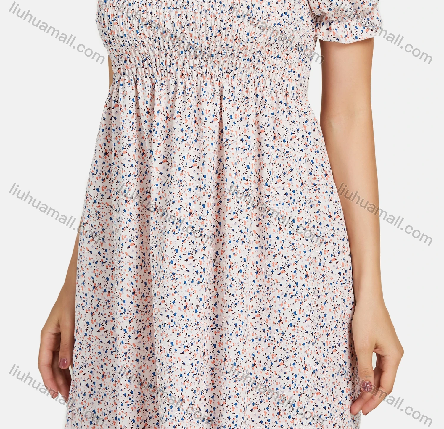 Wholesale Women's Casual Square Neck Shirred Sleeve Floral Print Back Lace Up Dress - Liuhuamall