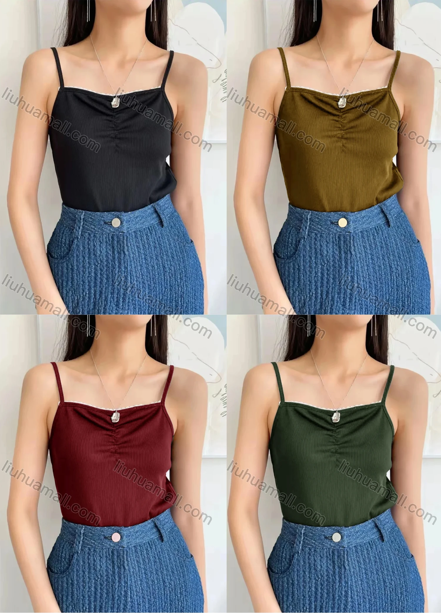 Wholesale Women's Spaghetti Strap Lace Trim Plain Cami Top AY224# - Liuhuamall
