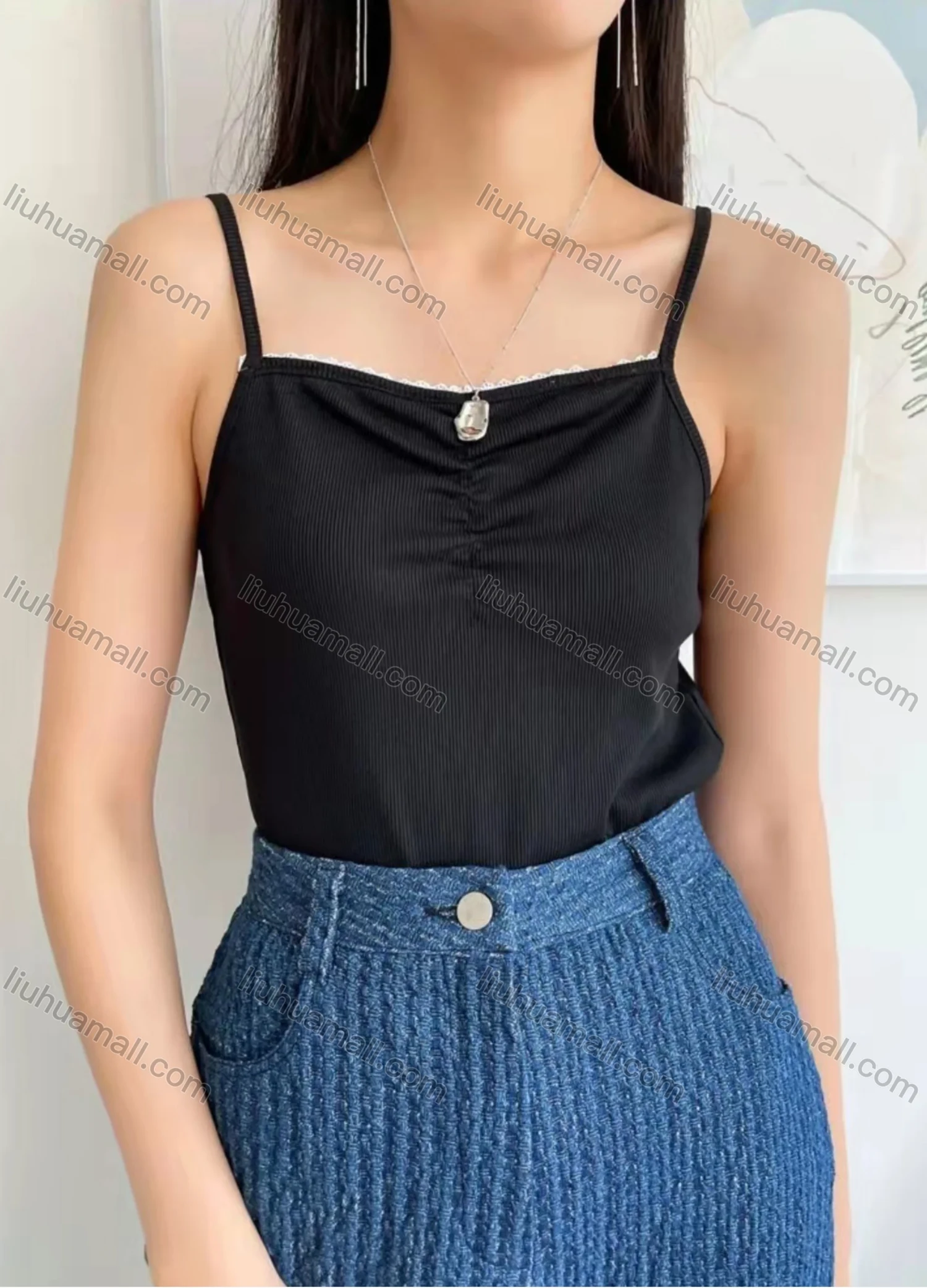 Wholesale Women's Spaghetti Strap Lace Trim Plain Cami Top AY224# - Liuhuamall
