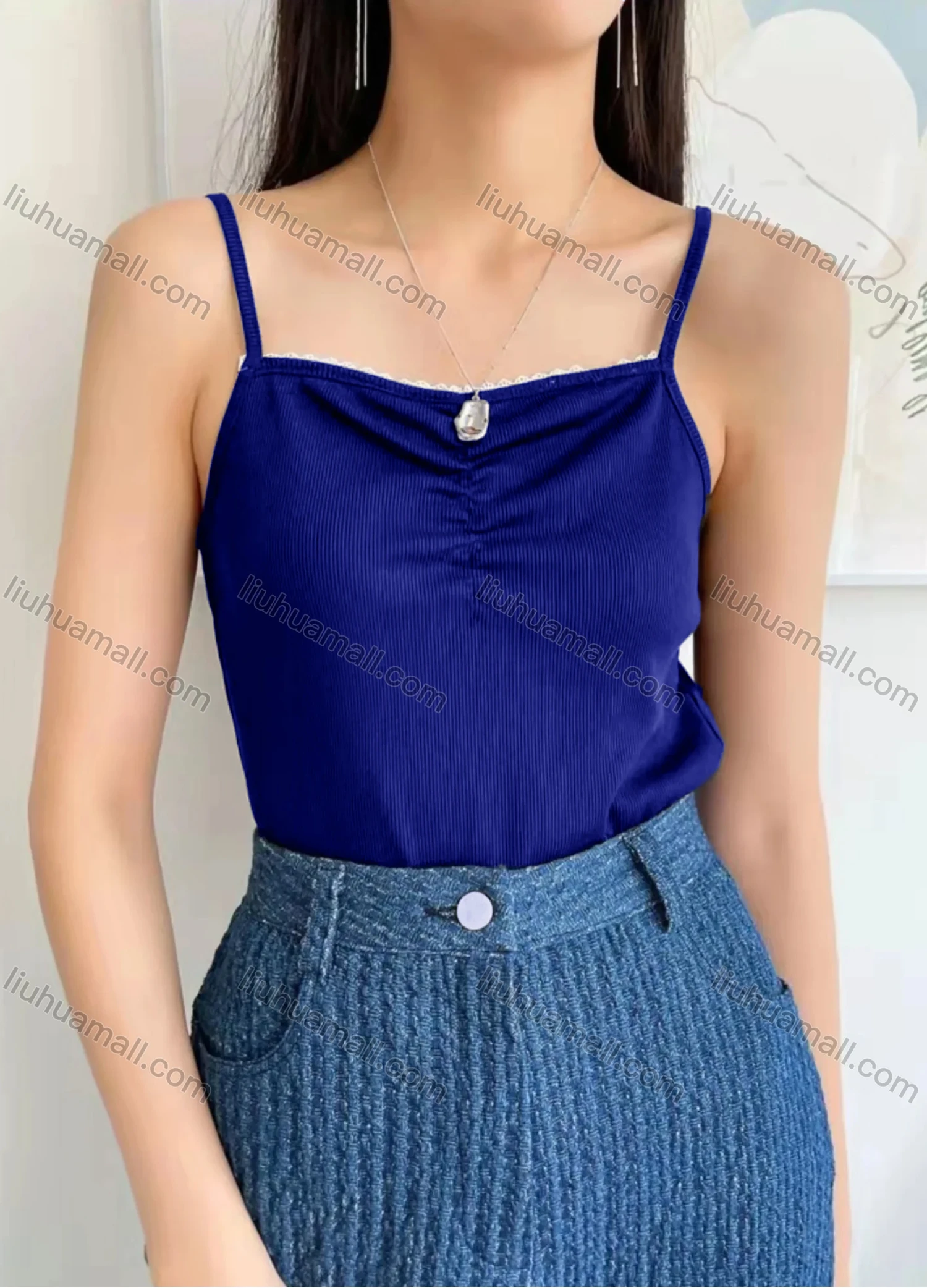 Wholesale Women's Spaghetti Strap Lace Trim Plain Cami Top AY224# - Liuhuamall