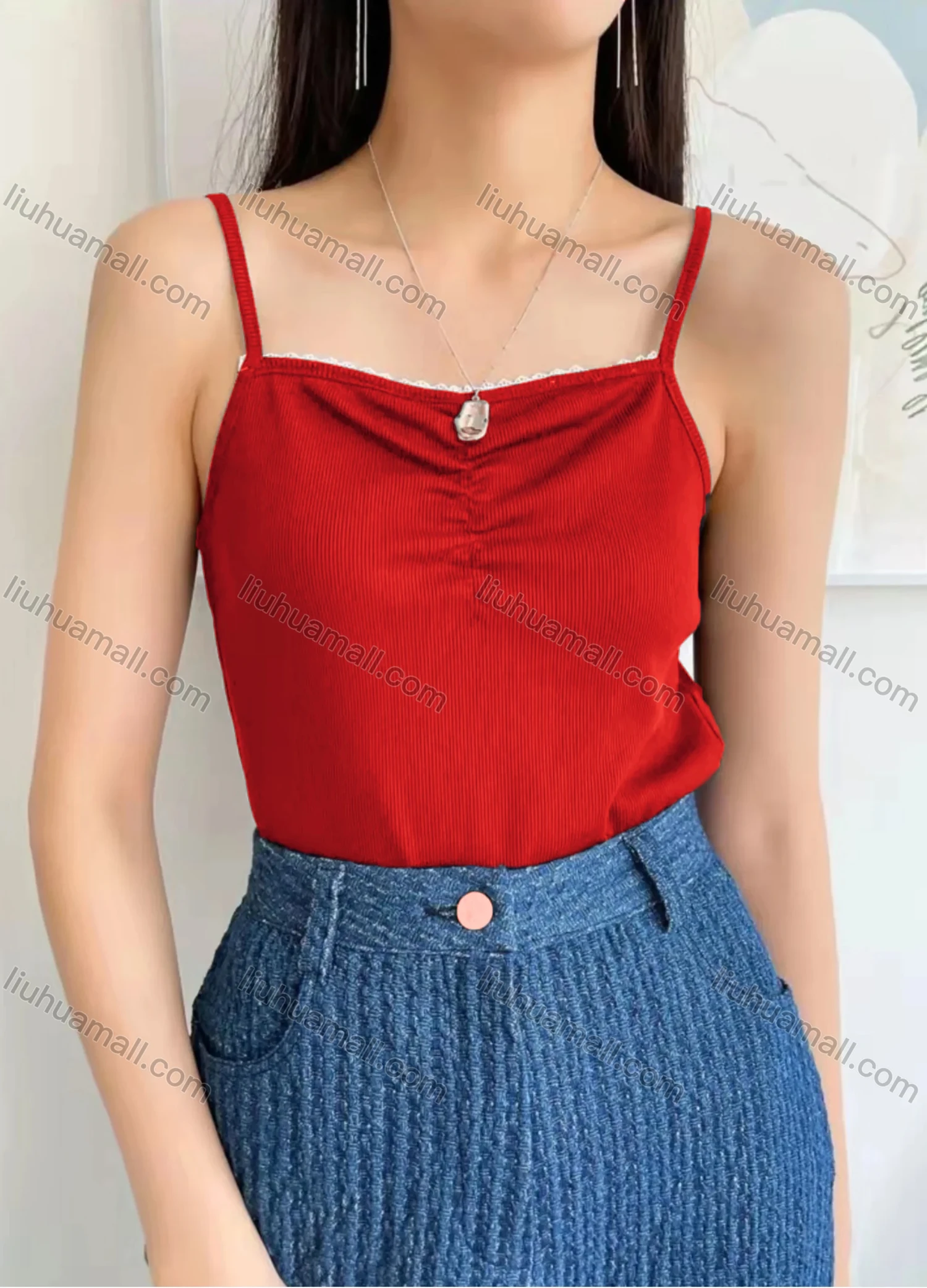 Wholesale Women's Spaghetti Strap Lace Trim Plain Cami Top AY224# - Liuhuamall