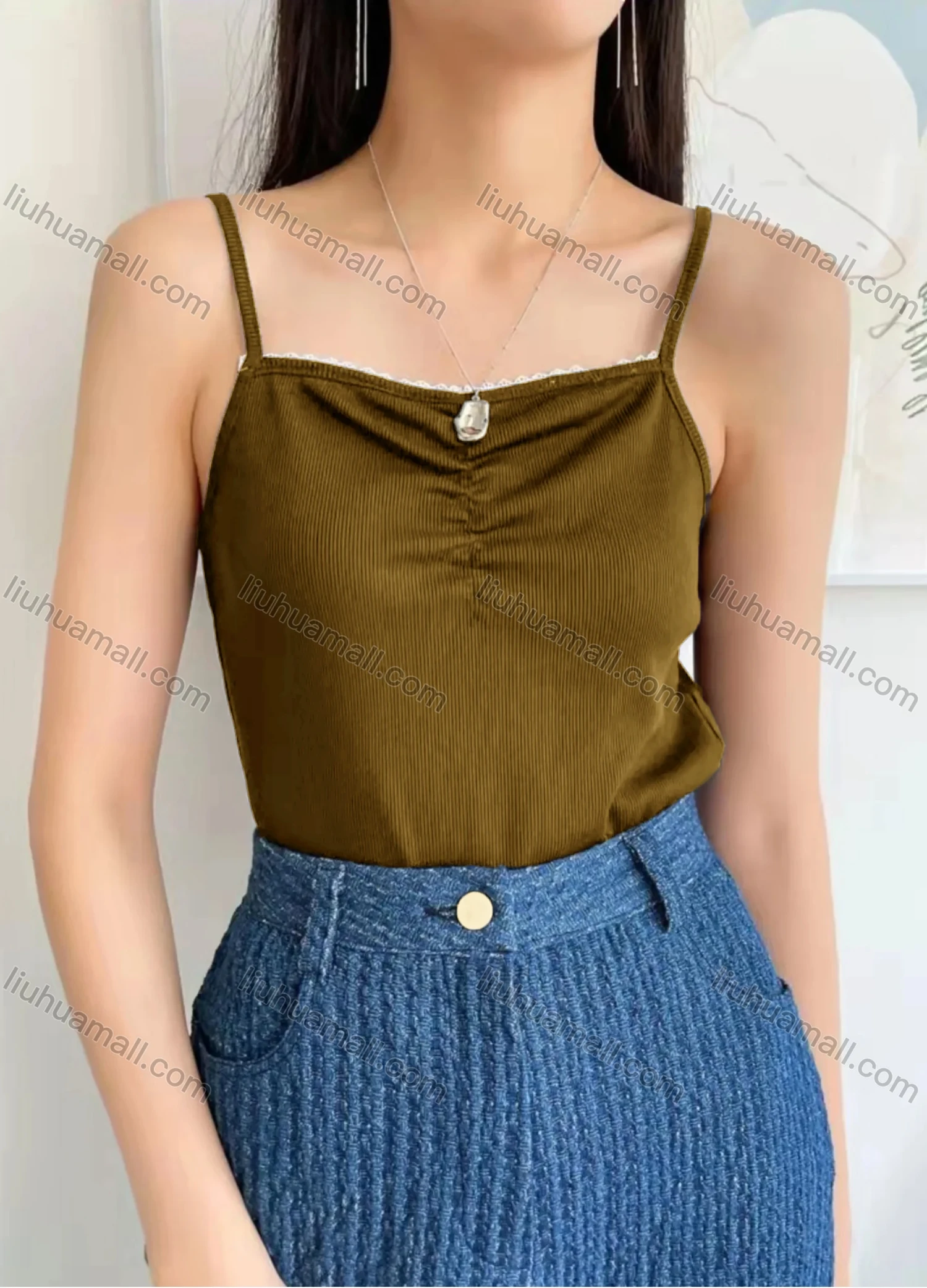 Wholesale Women's Spaghetti Strap Lace Trim Plain Cami Top AY224# - Liuhuamall