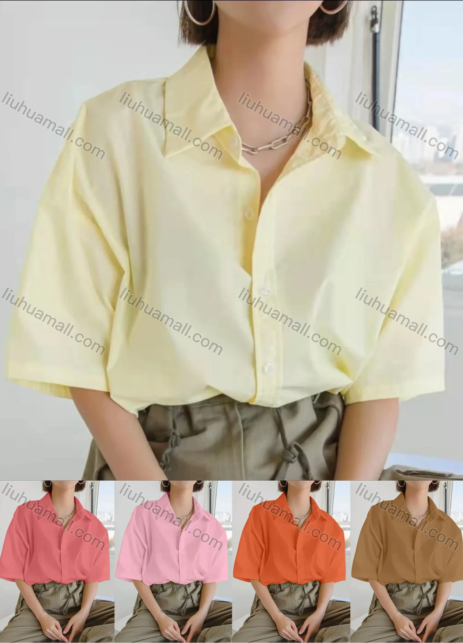 Wholesale Women's Half Sleeve Button Down Plain Casual Shirt AY225# - Liuhuamall