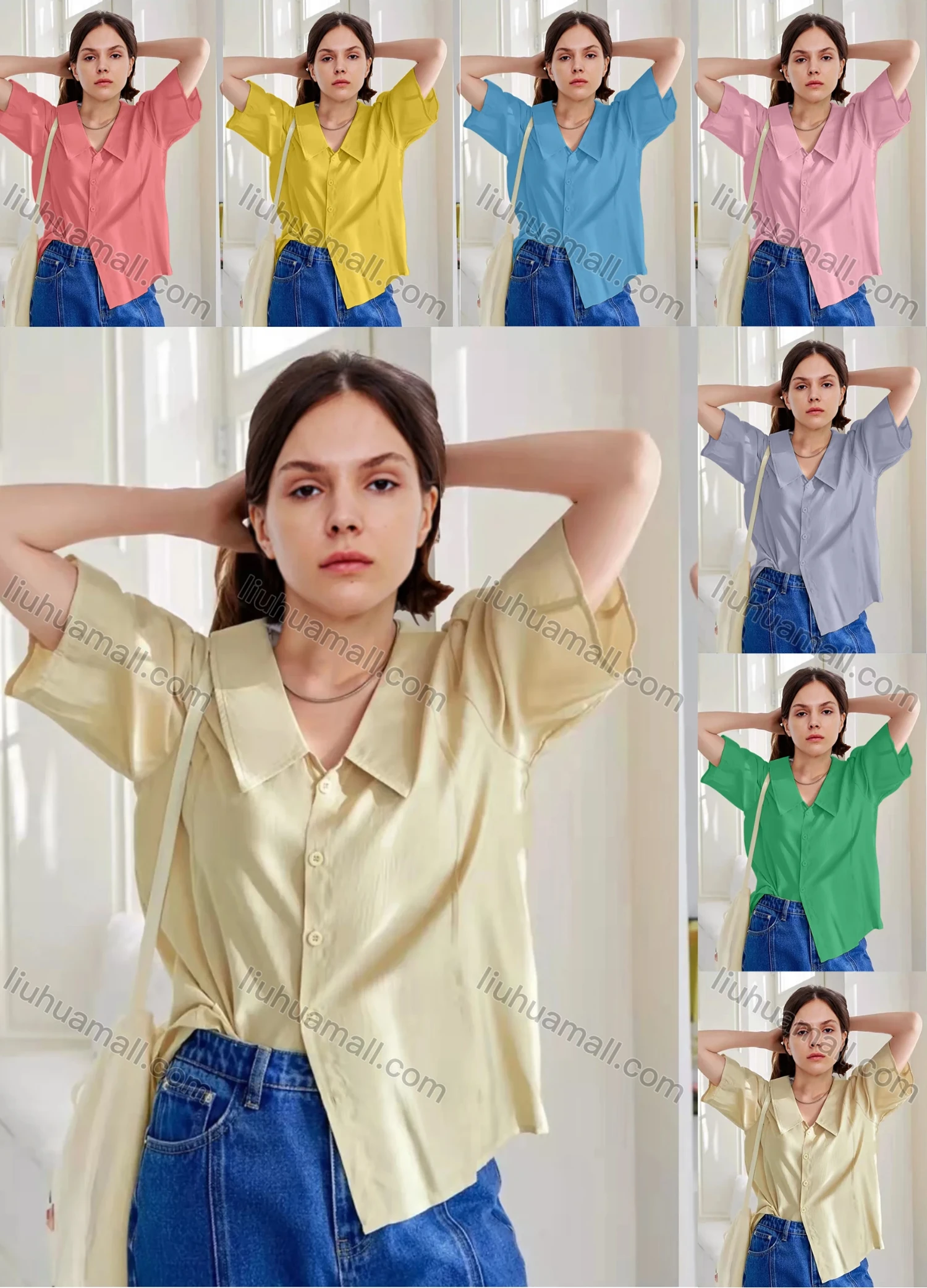 Wholesale Women's Peter Pan Collar Half Sleeve Button Down Plain Casual Shirt AY226# - Liuhuamall