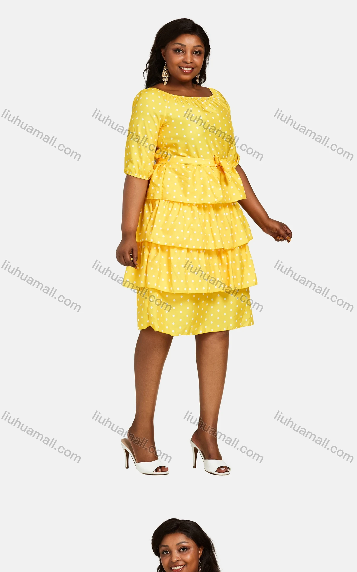 Wholesale Women's Crew Neck Half Sleeve Polka Dots Print Lace Up Tiered Dress 2859# - Liuhuamall