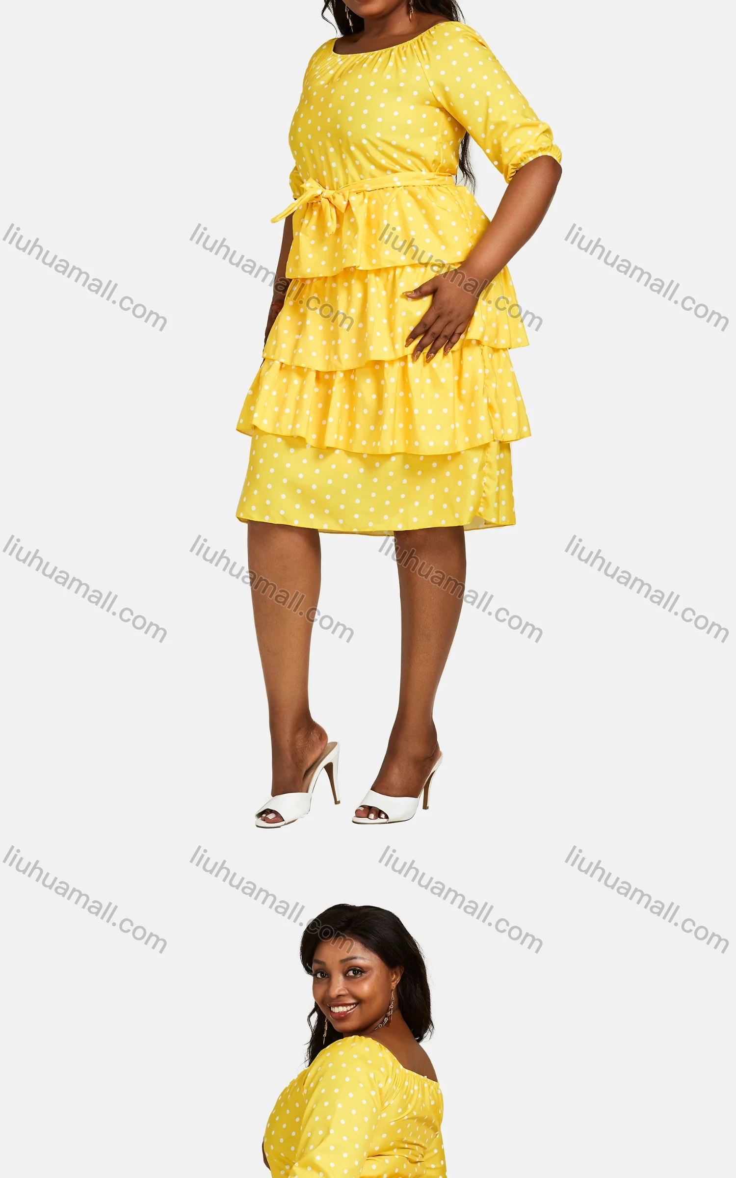 Wholesale Women's Crew Neck Half Sleeve Polka Dots Print Lace Up Tiered Dress 2859# - Liuhuamall