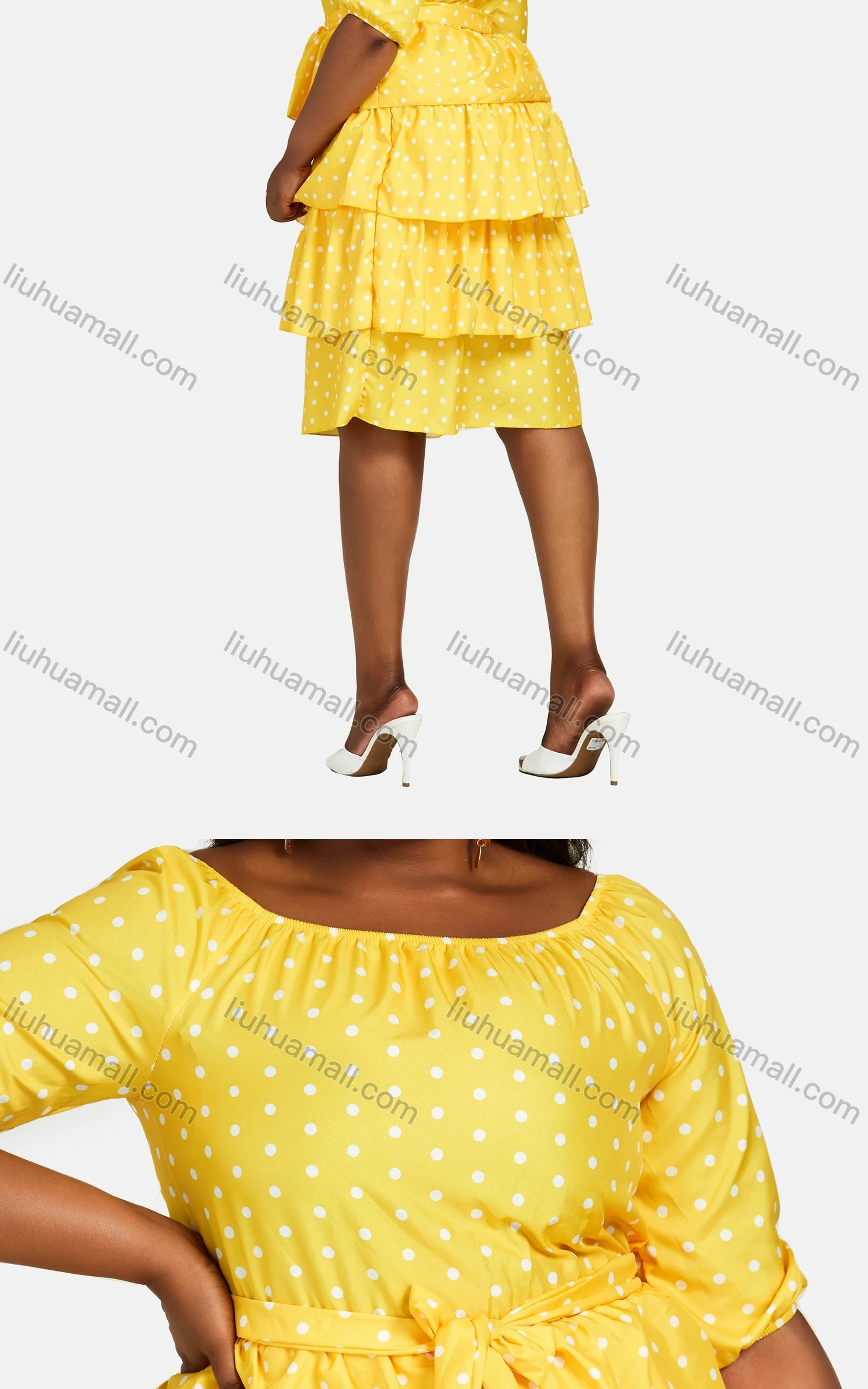 Wholesale Women's Crew Neck Half Sleeve Polka Dots Print Lace Up Tiered Dress 2859# - Liuhuamall