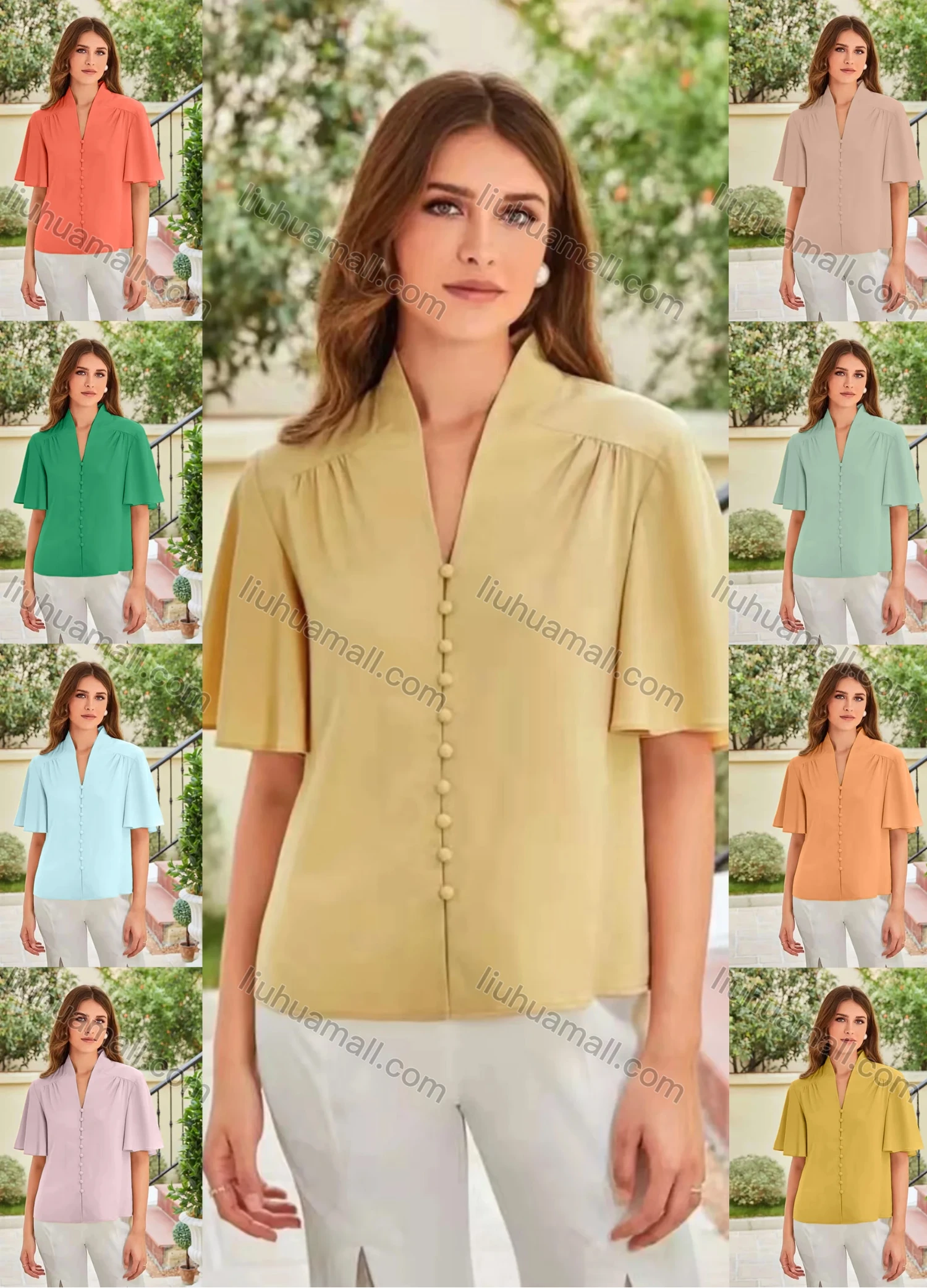 Wholesale Women's V Neck Ruffle Sleeve Button Front Plain Blouse AY227# - Liuhuamall