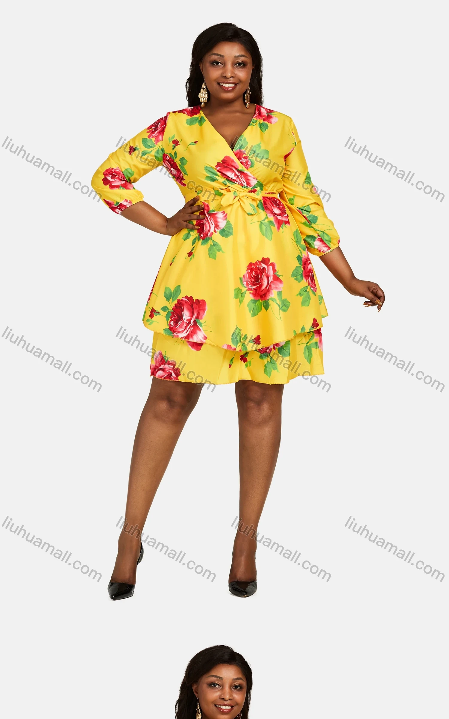 Wholesale Women's Casual Wrap V Neck Flower Print Lace Up Tiered Short Dress - Liuhuamall