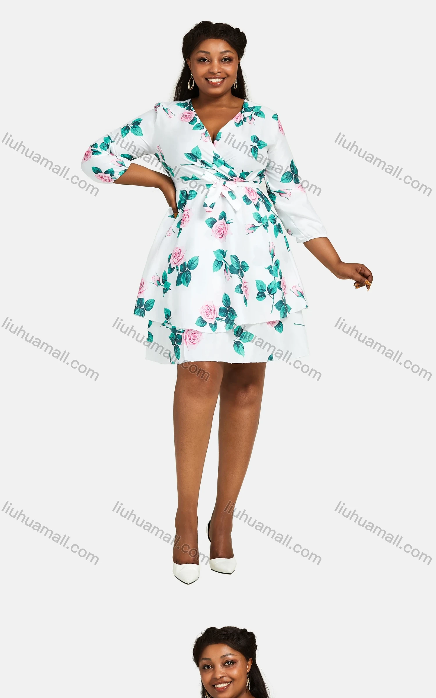 Wholesale Women's Casual Wrap V Neck 3/4 Sleeve Floral Print Lace Up Tiered Short Dress 3101# - Liuhuamall