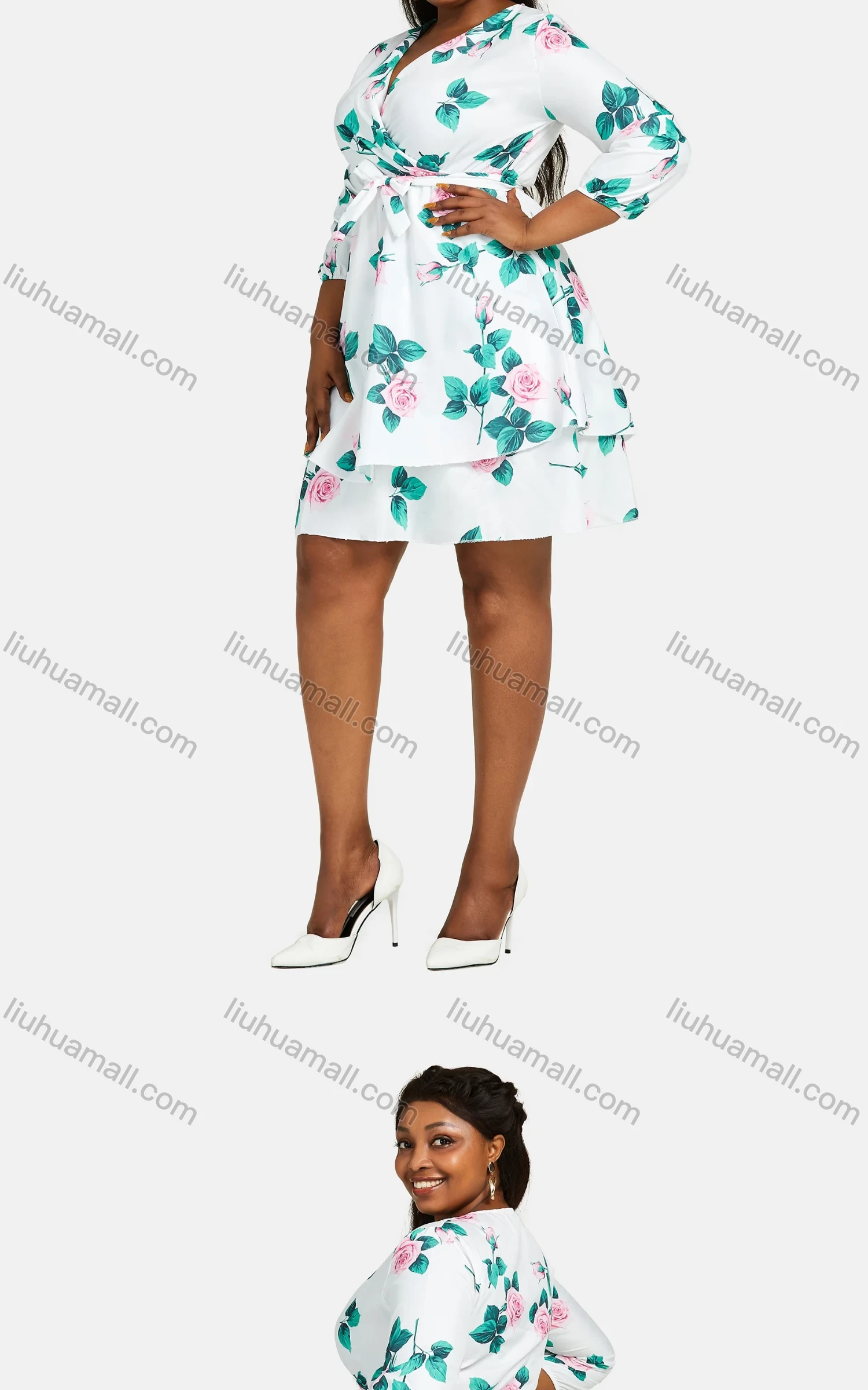 Wholesale Women's Casual Wrap V Neck 3/4 Sleeve Floral Print Lace Up Tiered Short Dress 3101# - Liuhuamall