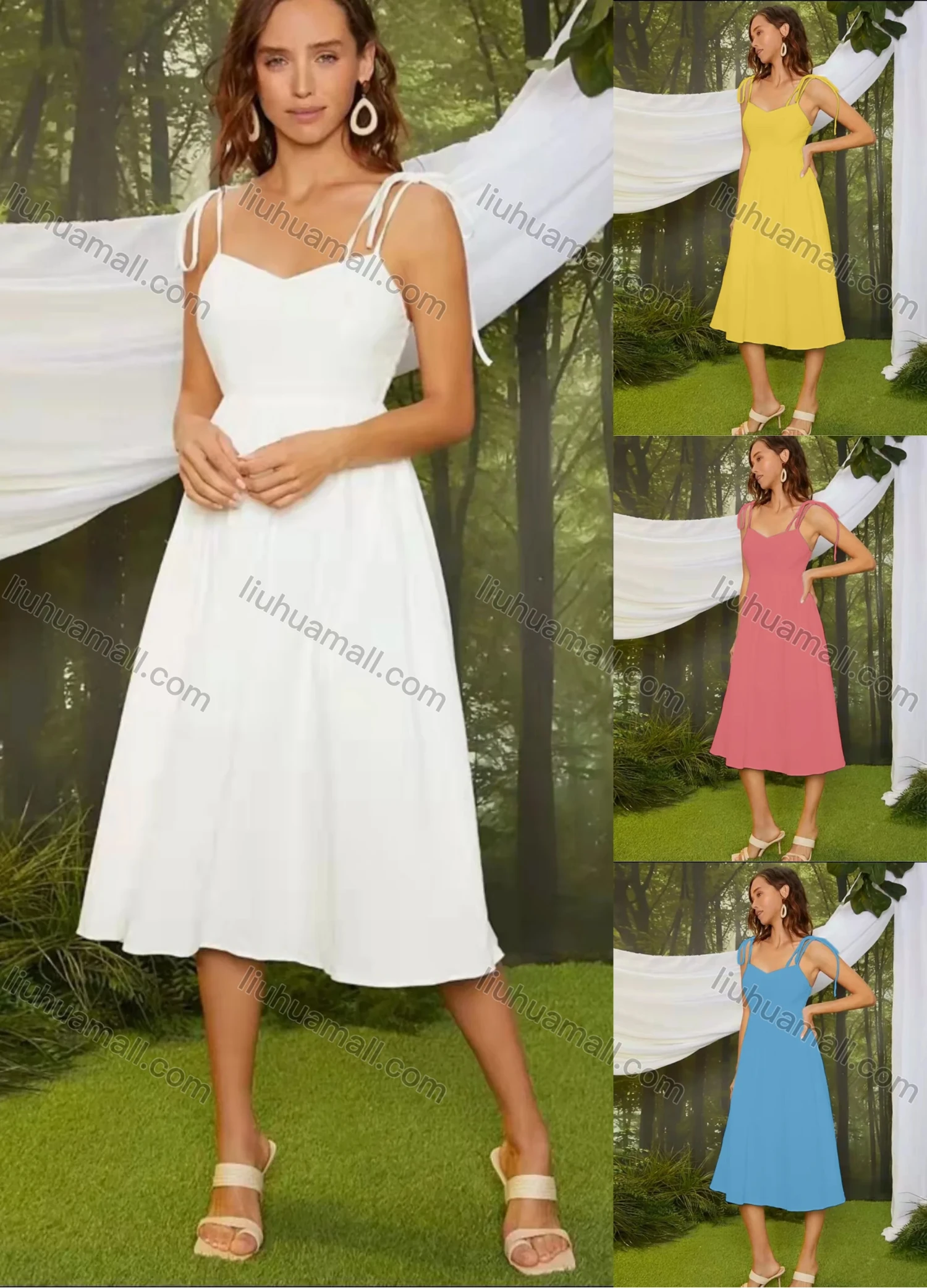 Wholesale Women's Spaghetti Strap Lace Up Ruffle Hem Plain Knee Length Cami Dress AY229# - Liuhuamall