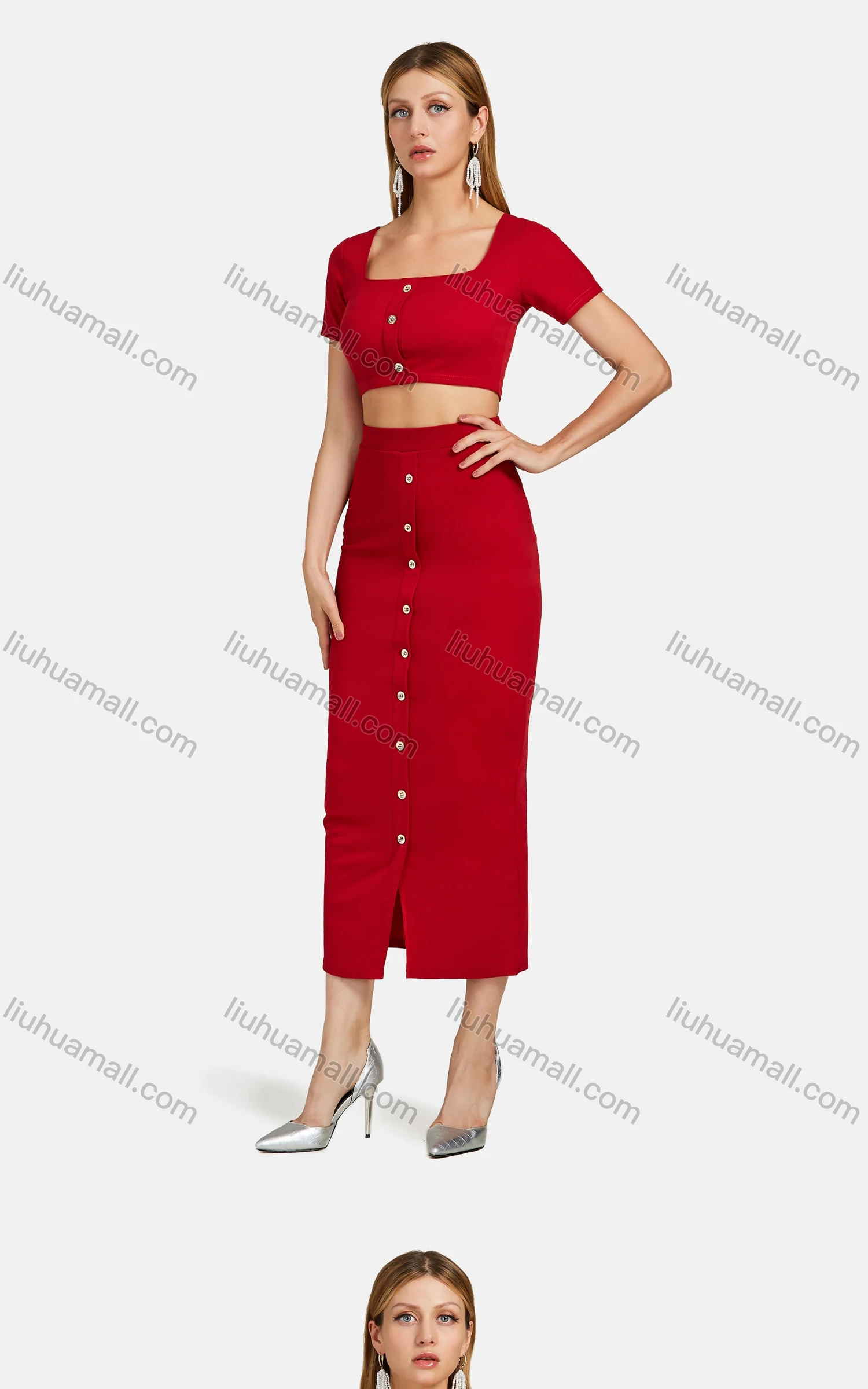 Wholesale Women's Square Neck Single Breasted Solid Crop Top&Pencil Skirt Set - Liuhuamall