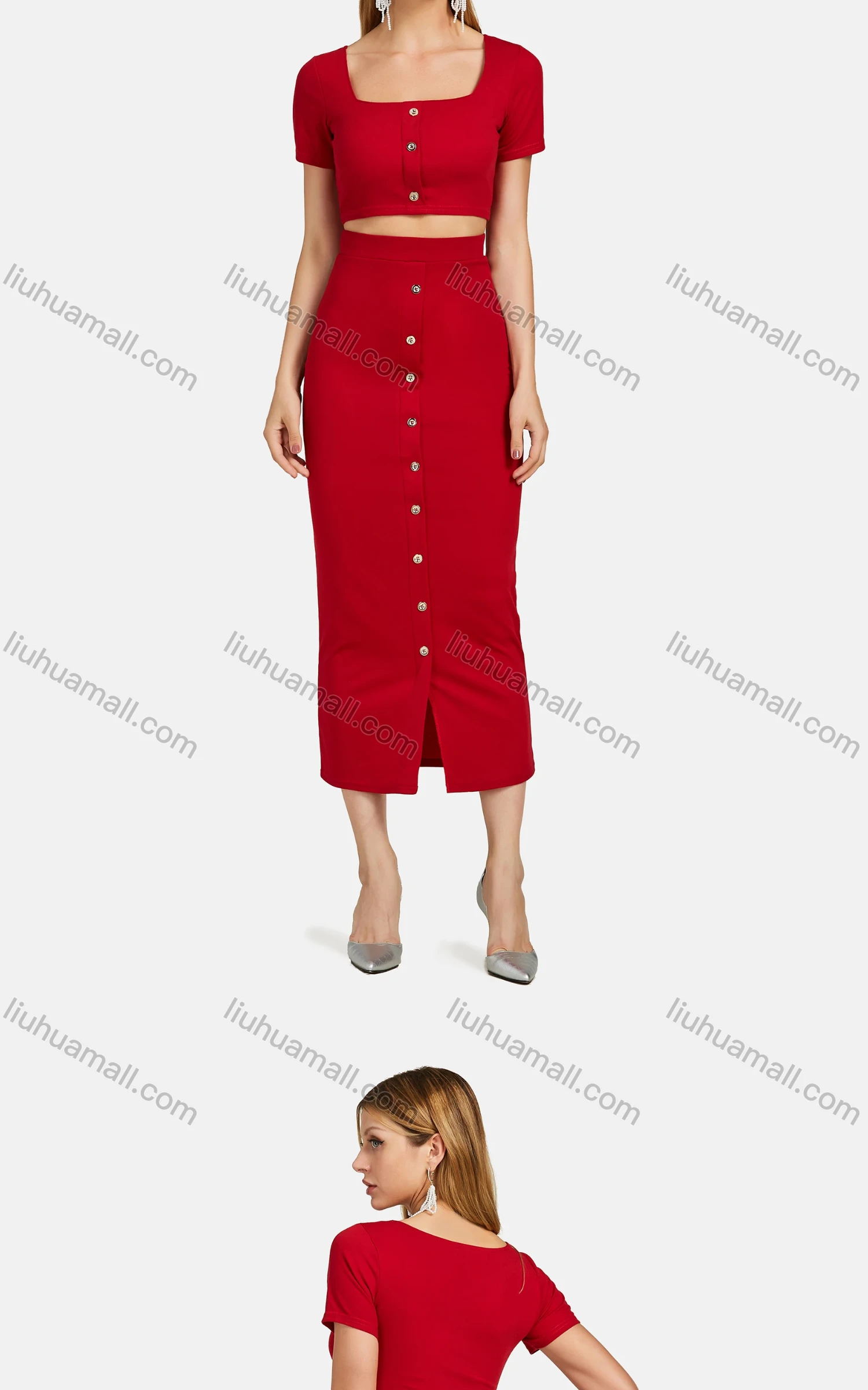 Wholesale Women's Square Neck Single Breasted Solid Crop Top&Pencil Skirt Set - Liuhuamall