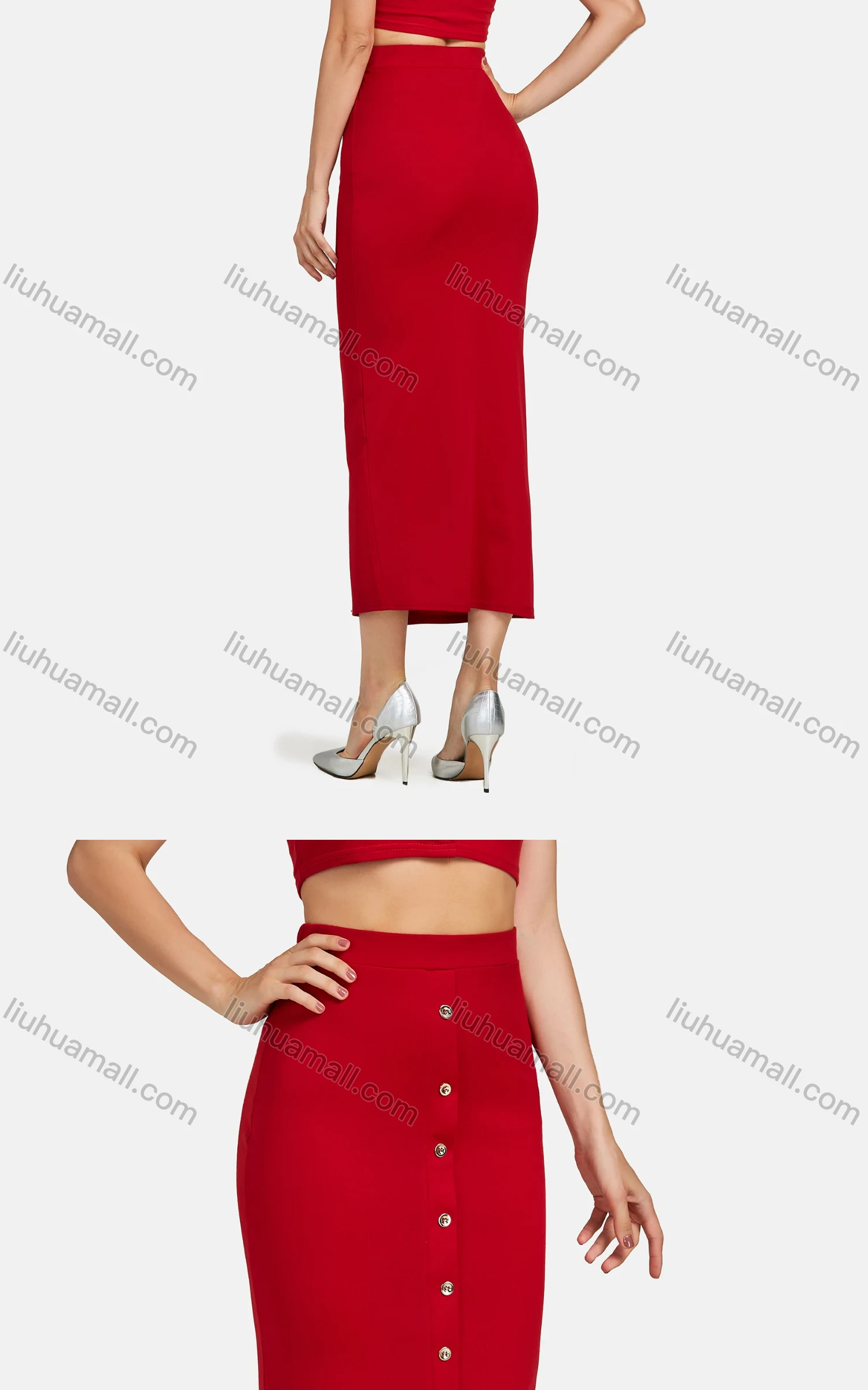 Wholesale Women's Square Neck Single Breasted Solid Crop Top&Pencil Skirt Set - Liuhuamall