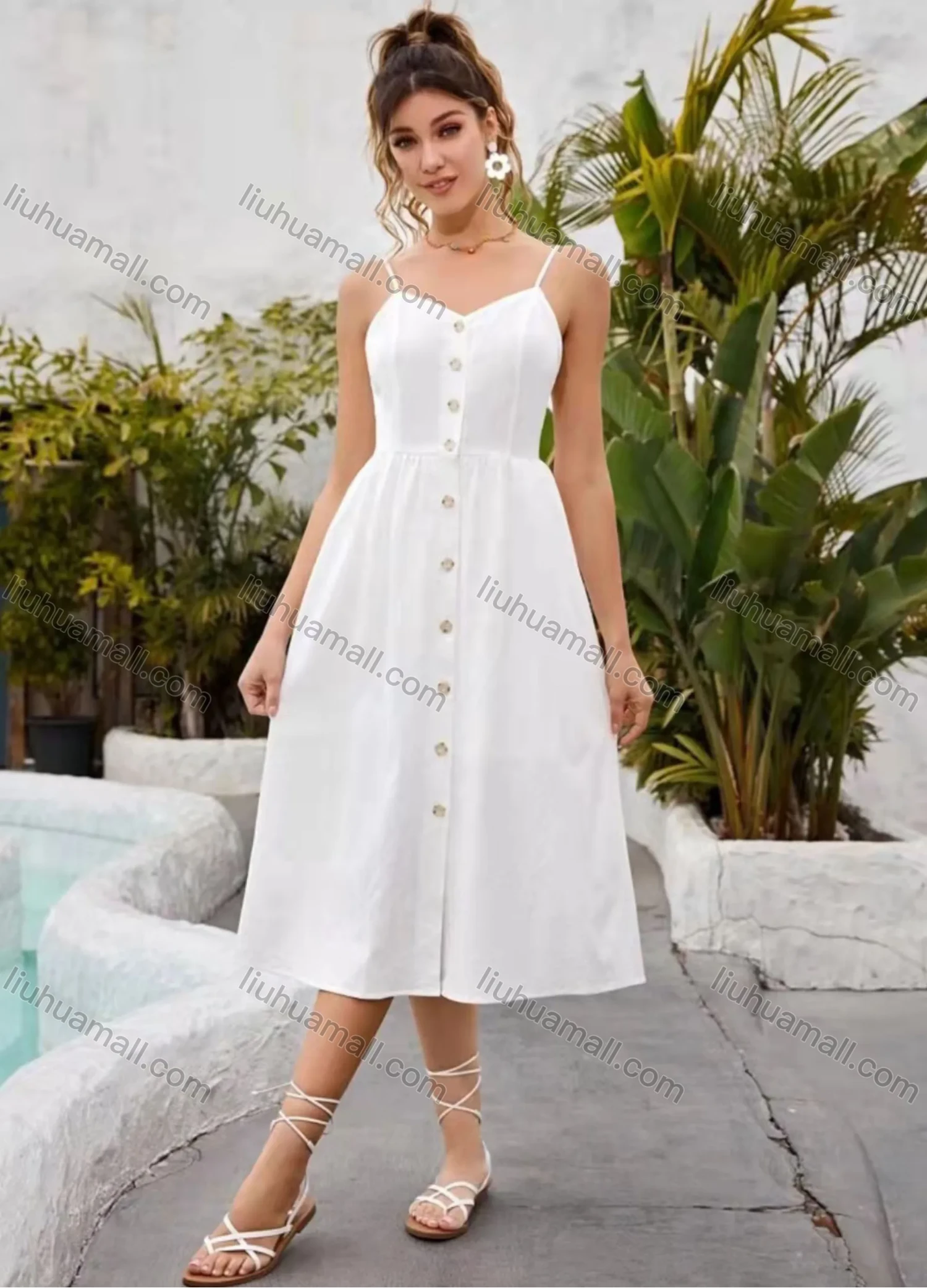 Wholesale Women's Spaghetti Strap Button Front Plain Midi Cami Dress AY230# - Liuhuamall