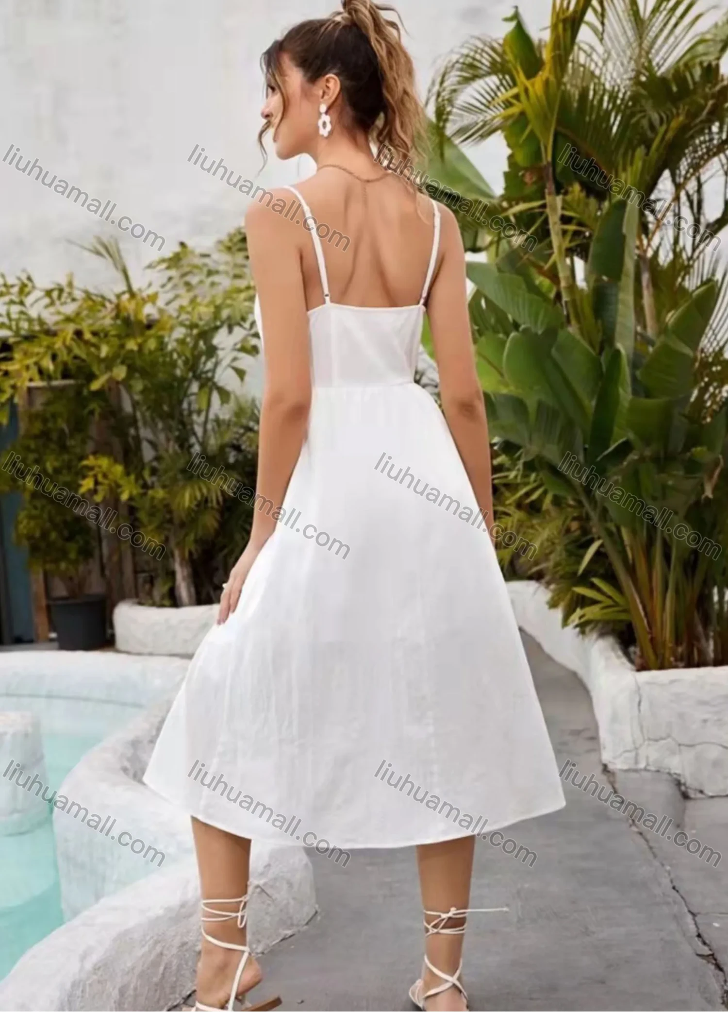 Wholesale Women's Spaghetti Strap Button Front Plain Midi Cami Dress AY230# - Liuhuamall