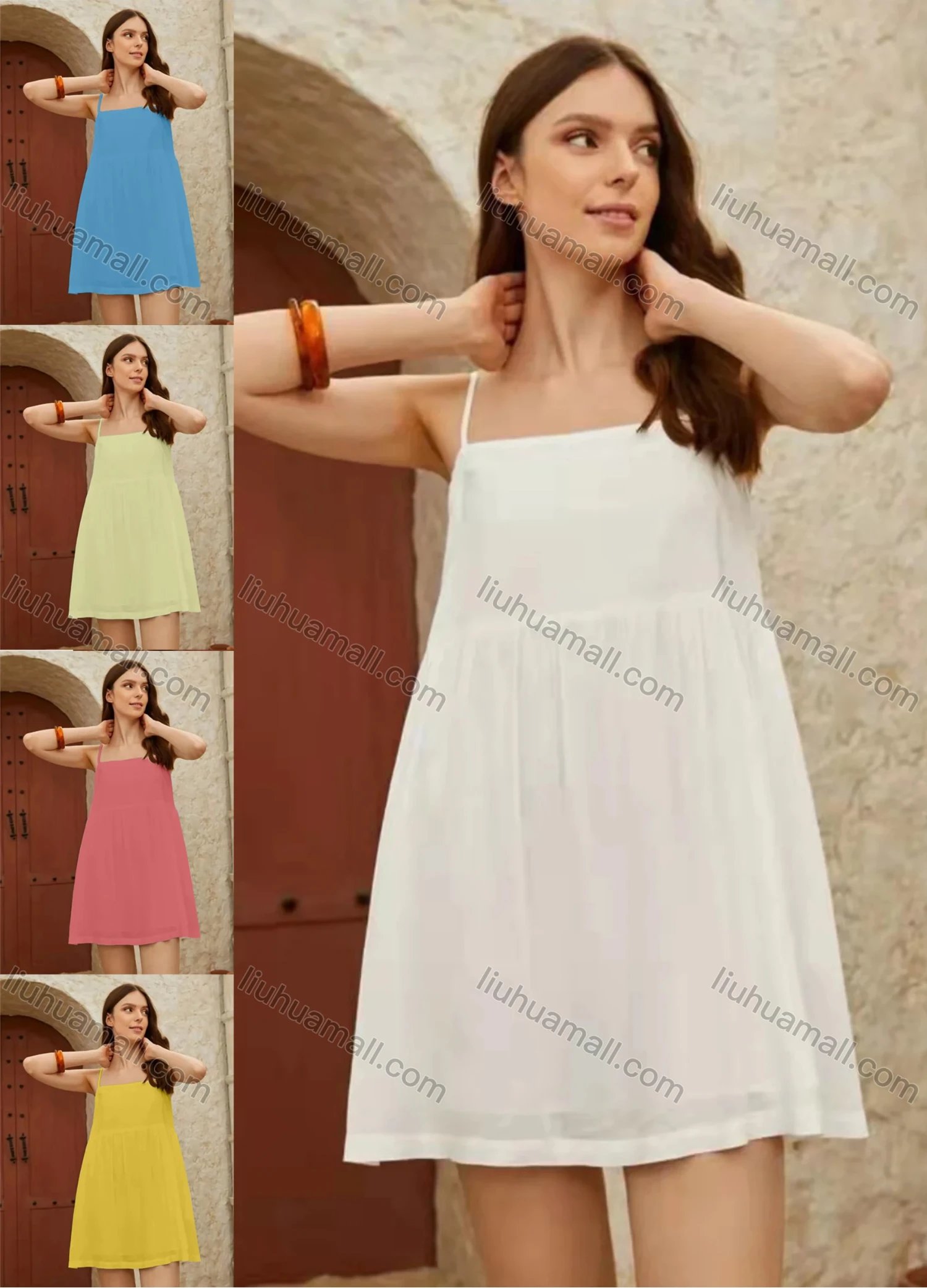 Wholesale Women's Spaghetti Strap Ruffle Hem Plain Short Cami Dress AY231# - Liuhuamall