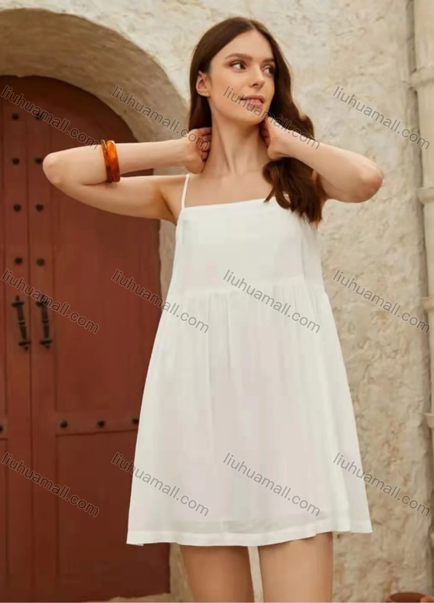 Wholesale Women's Spaghetti Strap Ruffle Hem Plain Short Cami Dress AY231# - Liuhuamall