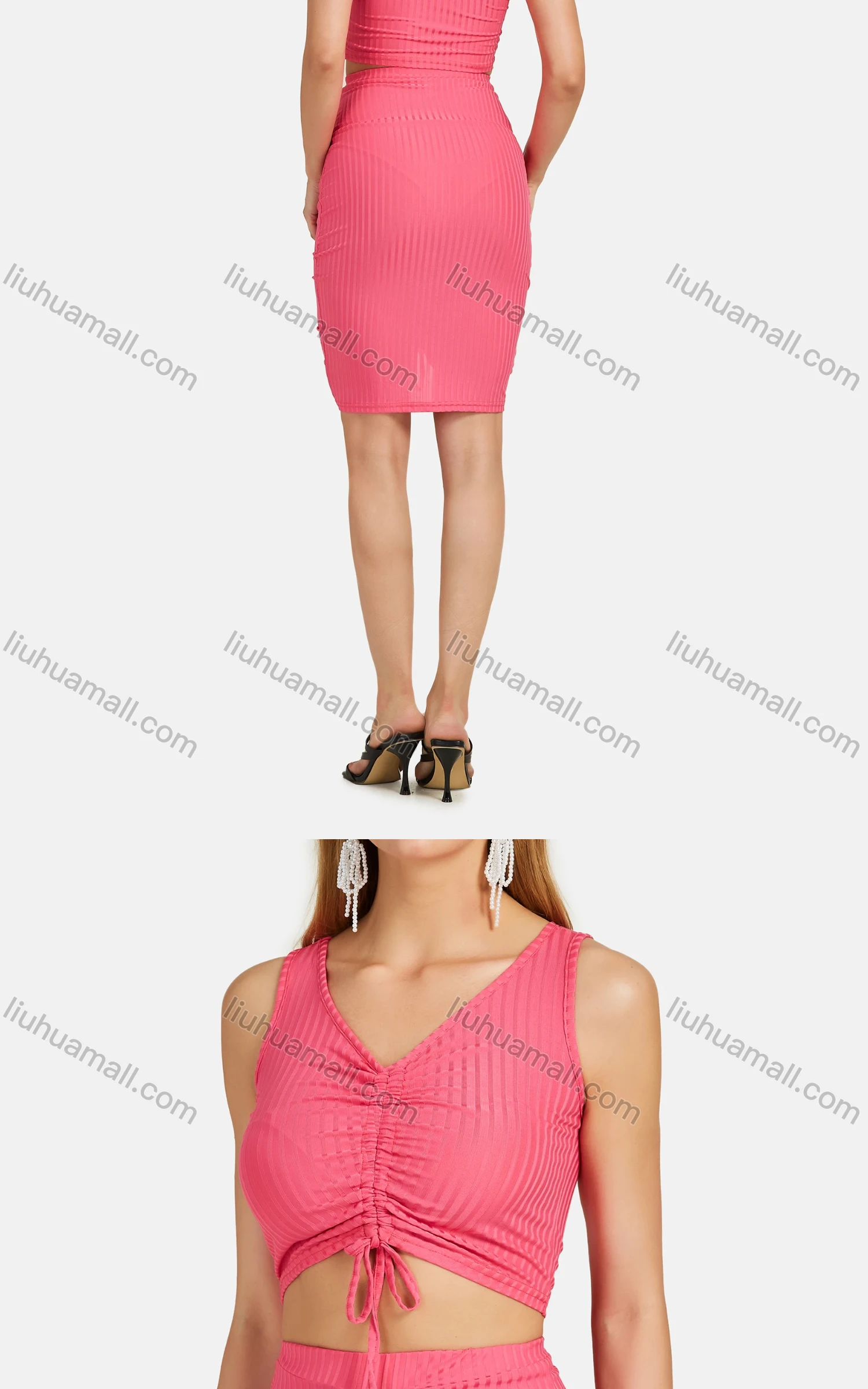 Wholesale Women's V Neck Solid Ruched Lace Up Slim Crop Top& Skirt Set - Liuhuamall