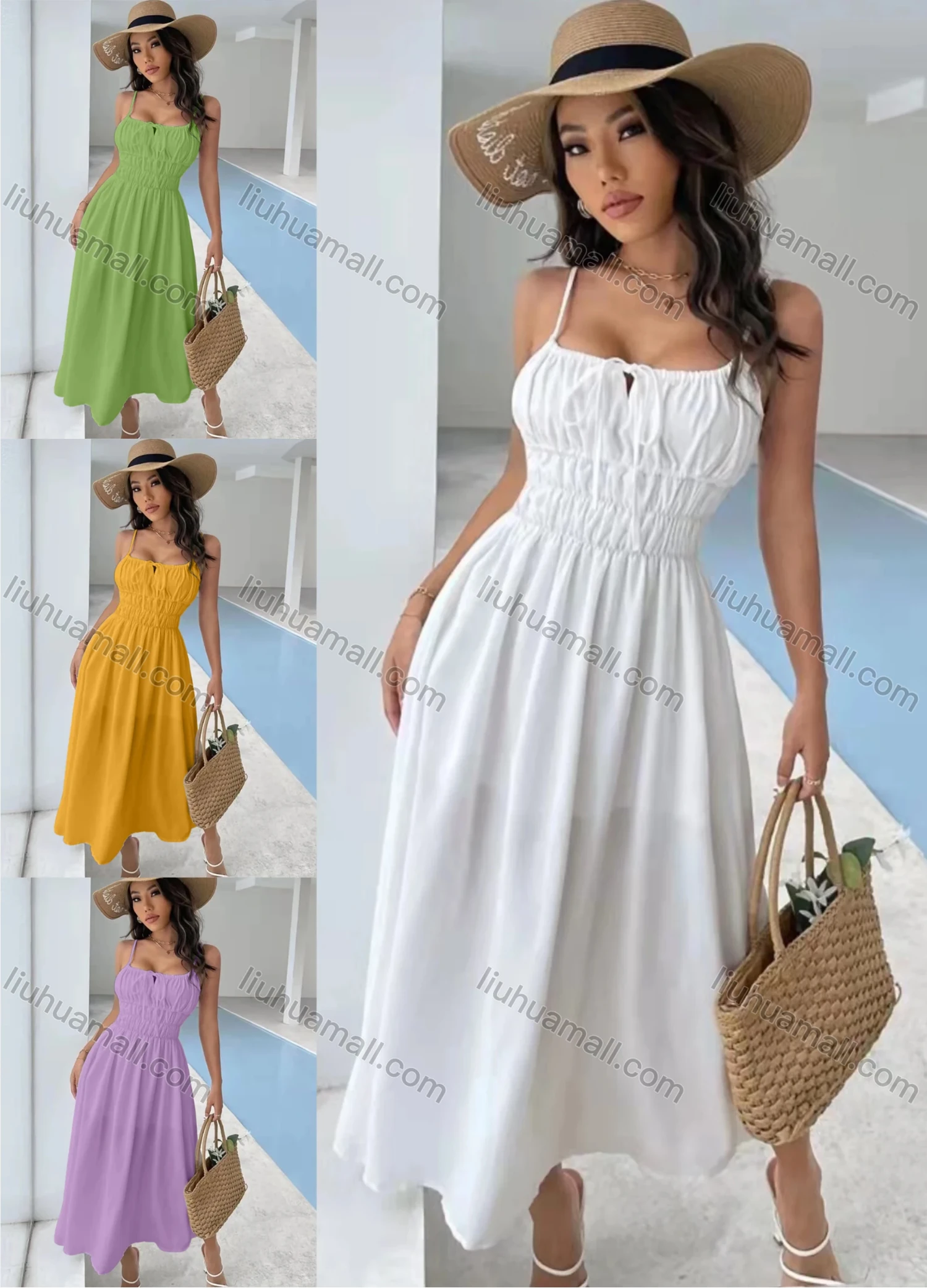 Wholesale Women's Spaghetti Strap Drawstring Ruched Plain Cami Dress AY232# - Liuhuamall