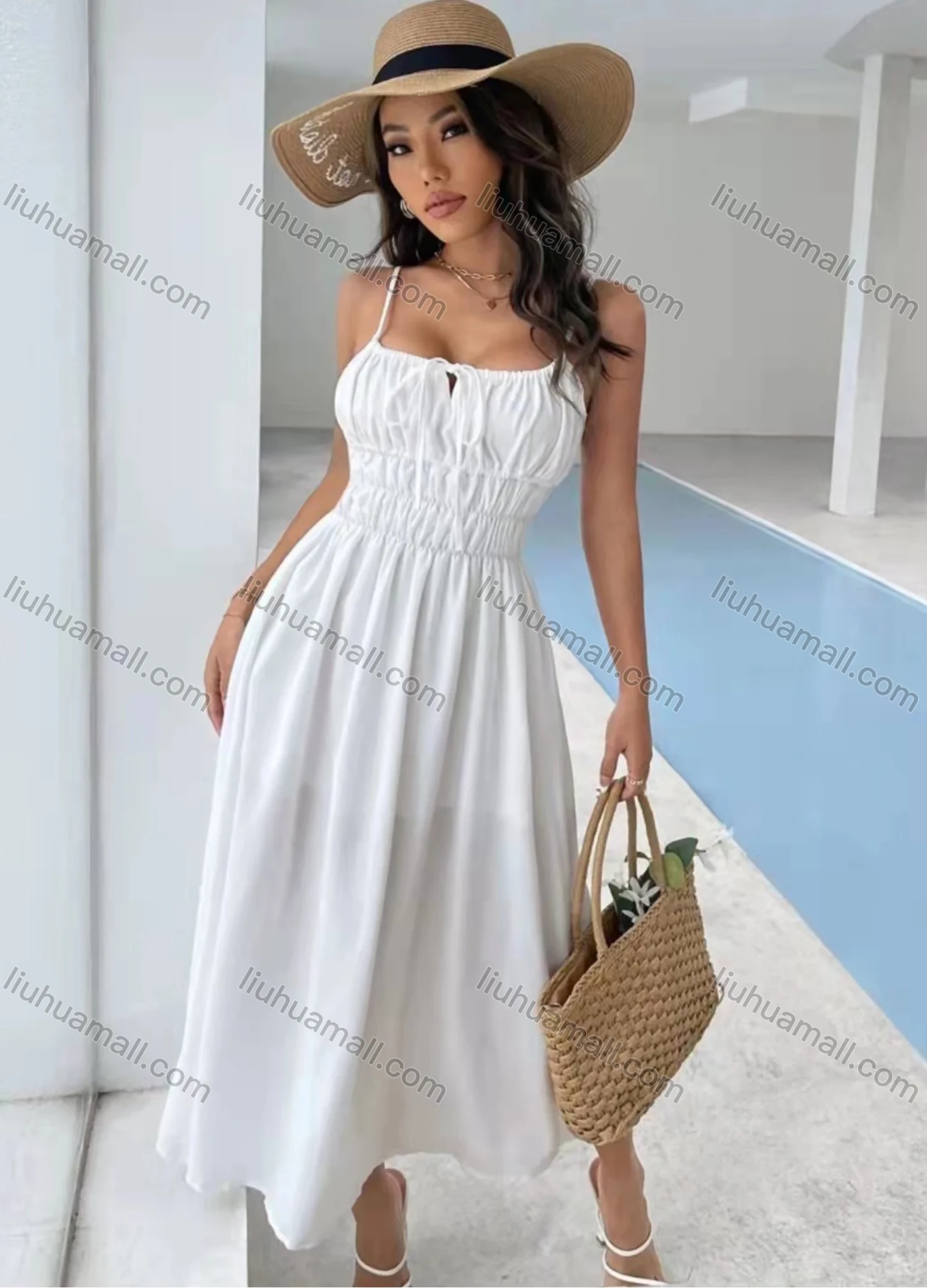 Wholesale Women's Spaghetti Strap Drawstring Ruched Plain Cami Dress AY232# - Liuhuamall