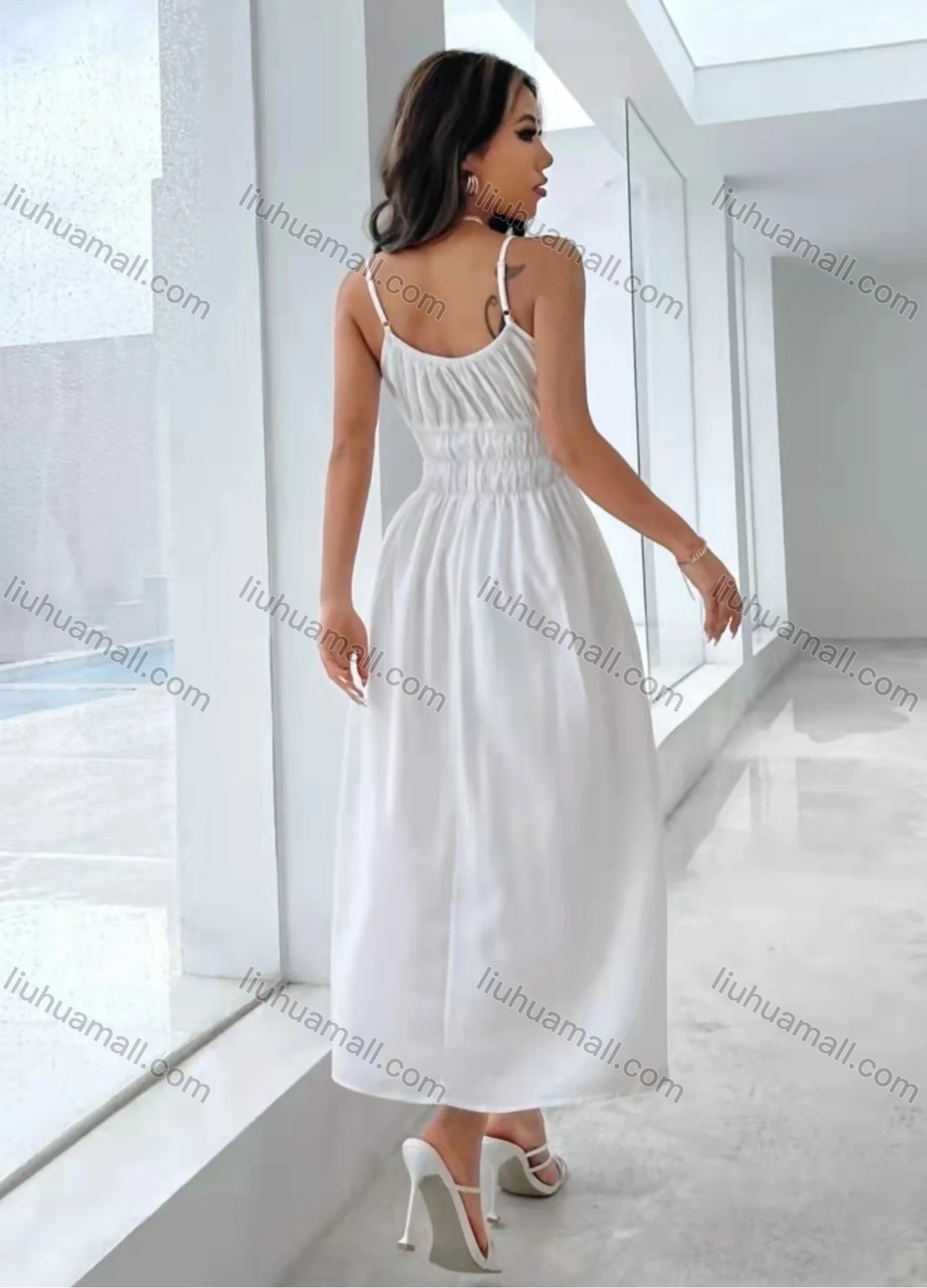 Wholesale Women's Spaghetti Strap Drawstring Ruched Plain Cami Dress AY232# - Liuhuamall