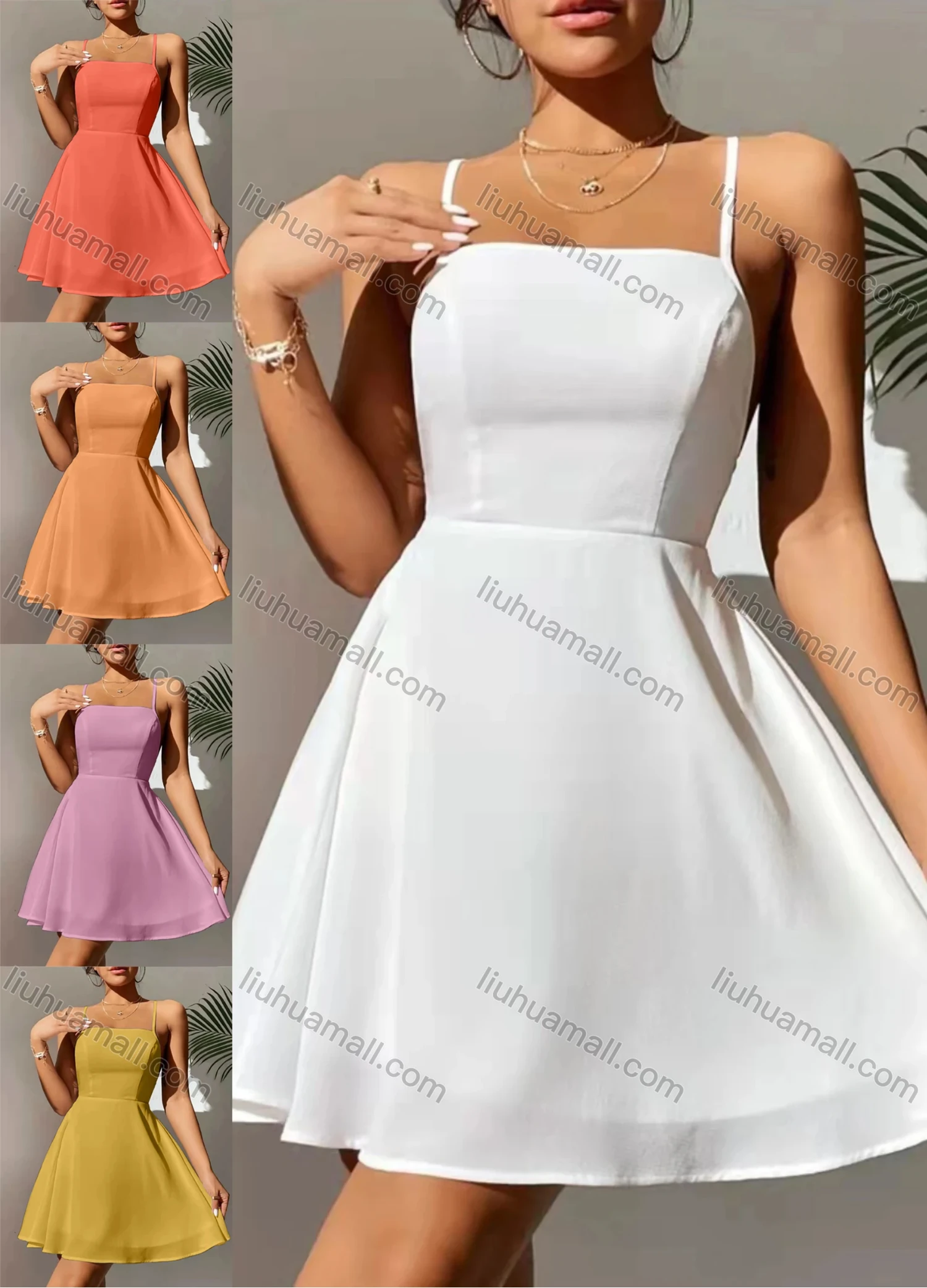 Wholesale Women's Spaghetti Strap Open Back Lace Up Ruffle Hem Plain Cami Dress AY233# - Liuhuamall