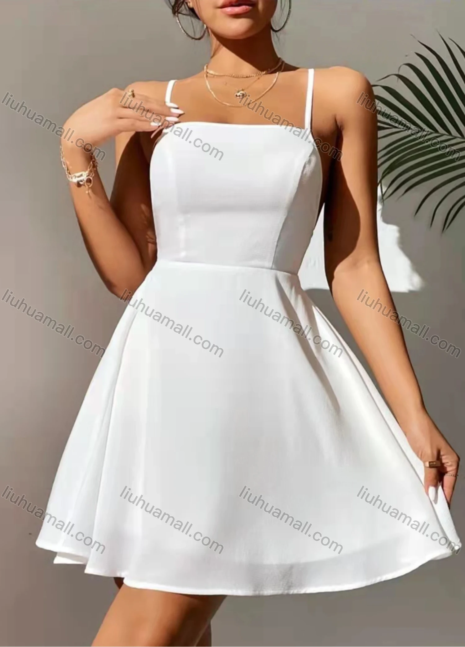 Wholesale Women's Spaghetti Strap Open Back Lace Up Ruffle Hem Plain Cami Dress AY233# - Liuhuamall